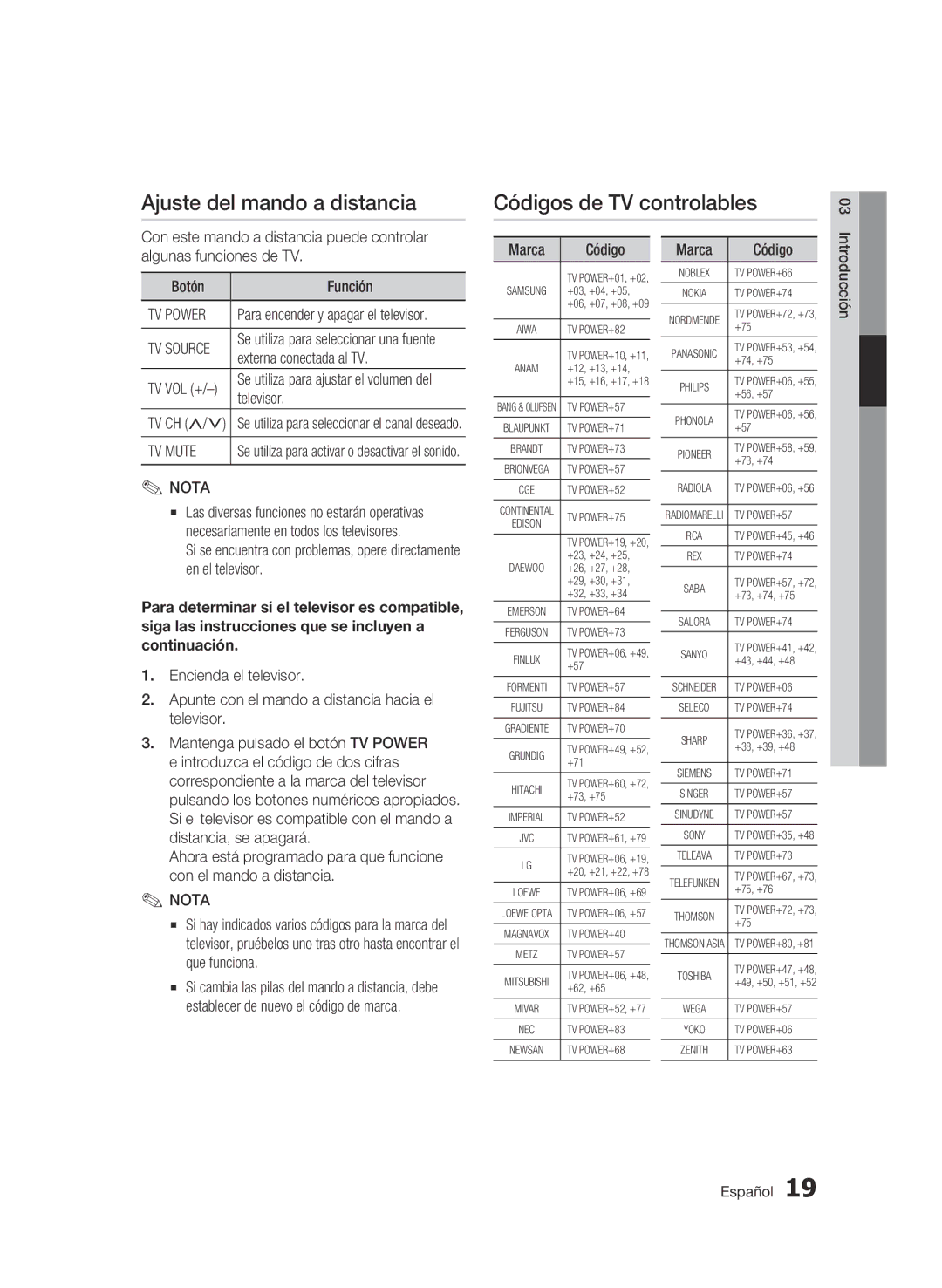 Samsung BD-C5300/XEF manual Ajuste del mando a distancia, Códigos de TV controlables, Externa conectada al TV 