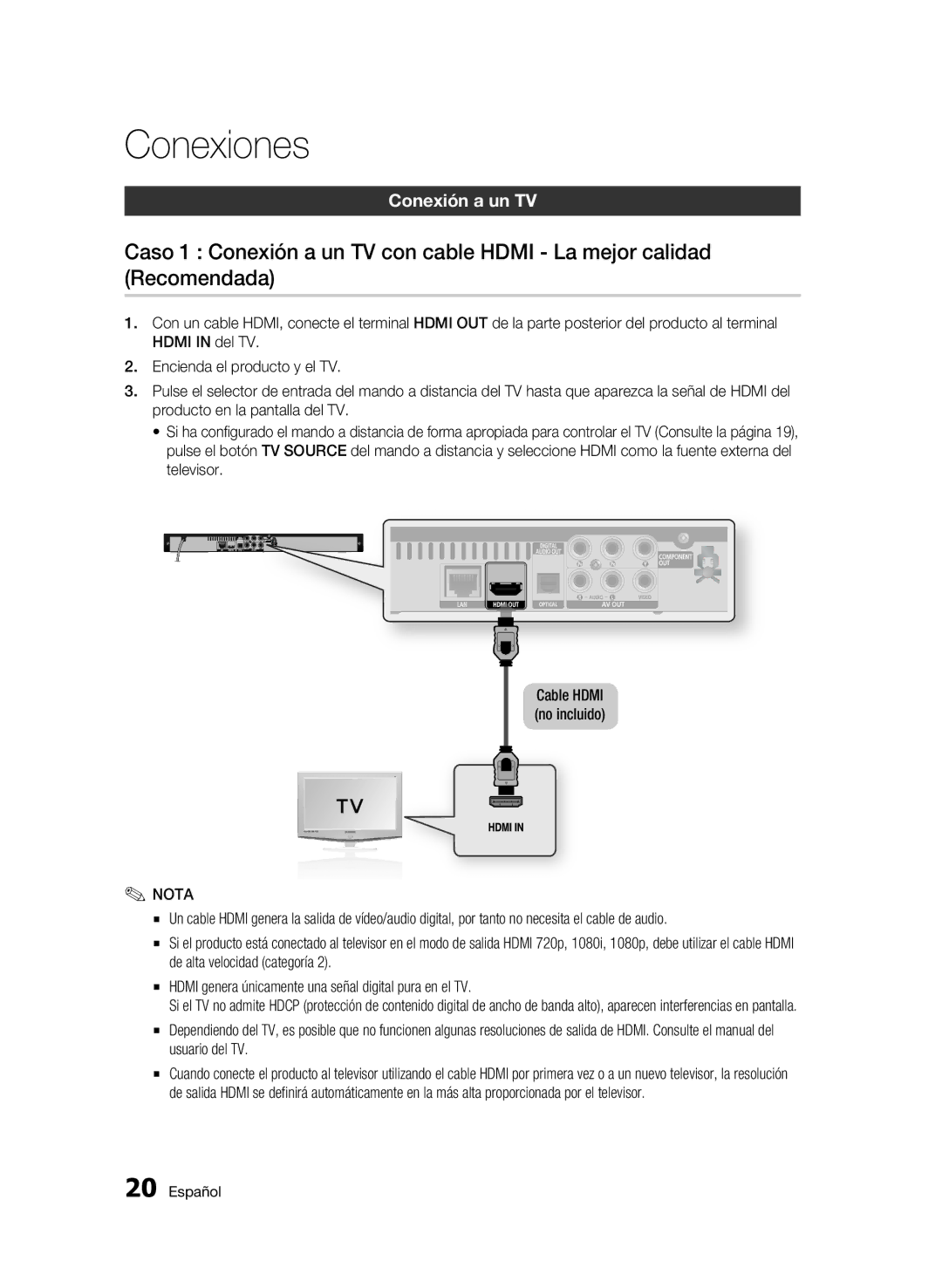 Samsung BD-C5300/XEF manual Conexiones, Conexión a un TV, Cable Hdmi no incluido 