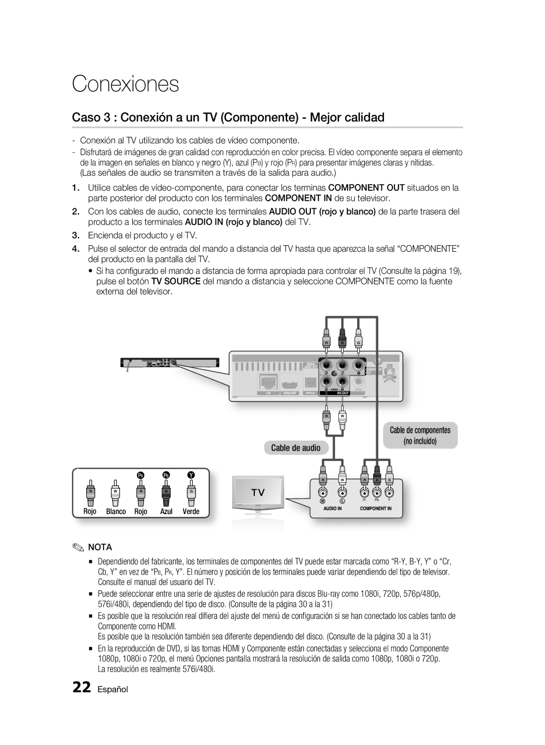 Samsung BD-C5300/XEF manual Caso 3 Conexión a un TV Componente Mejor calidad, Rojo Blanco Rojo Azul Verde 