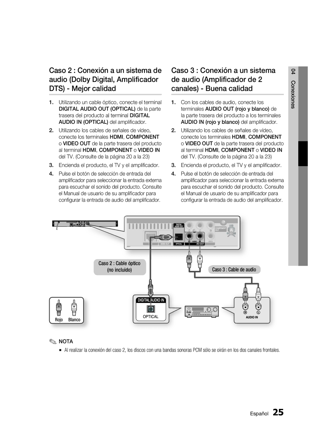 Samsung BD-C5300/XEF manual Caso 2 Cable óptico No incluido, Caso 3 Cable de audio 