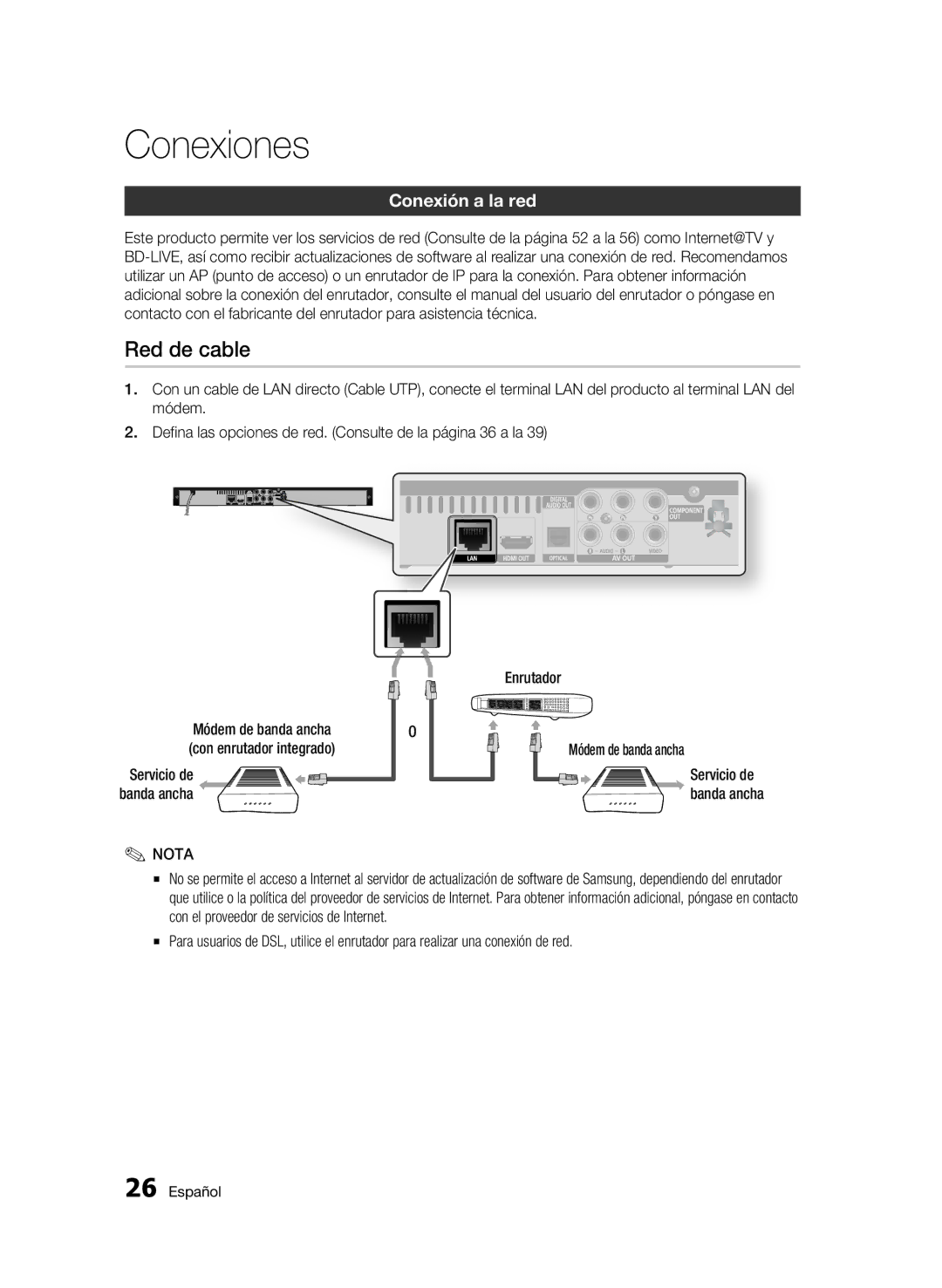 Samsung BD-C5300/XEF manual Red de cable, Conexión a la red, Módem de banda ancha, Servicio de banda ancha 