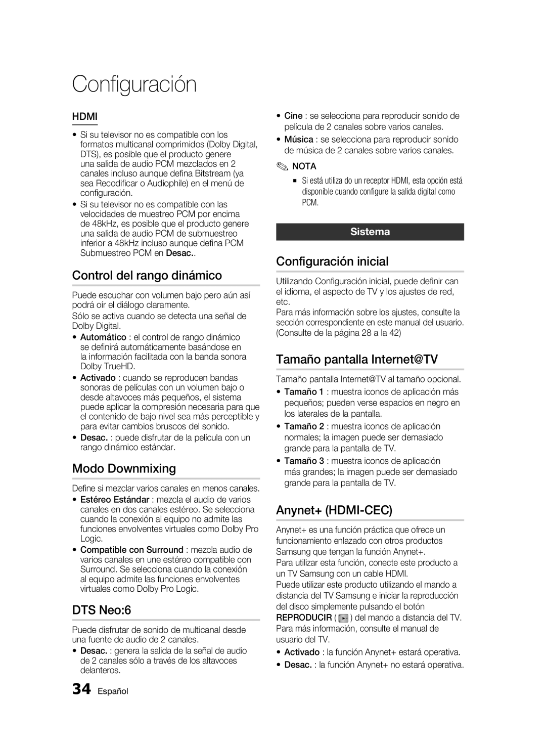 Samsung BD-C5300/XEF manual Control del rango dinámico, Configuración inicial, Tamaño pantalla Internet@TV 