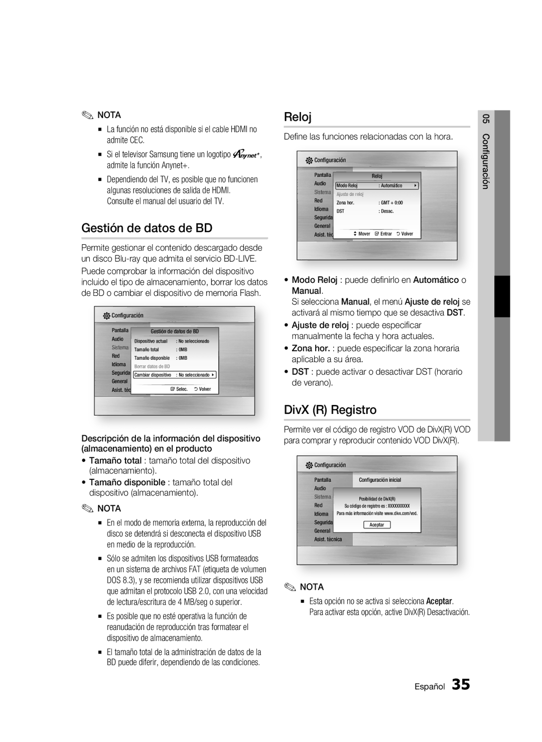 Samsung BD-C5300/XEF manual Gestión de datos de BD, Reloj, DivX R Registro, Define las funciones relacionadas con la hora 