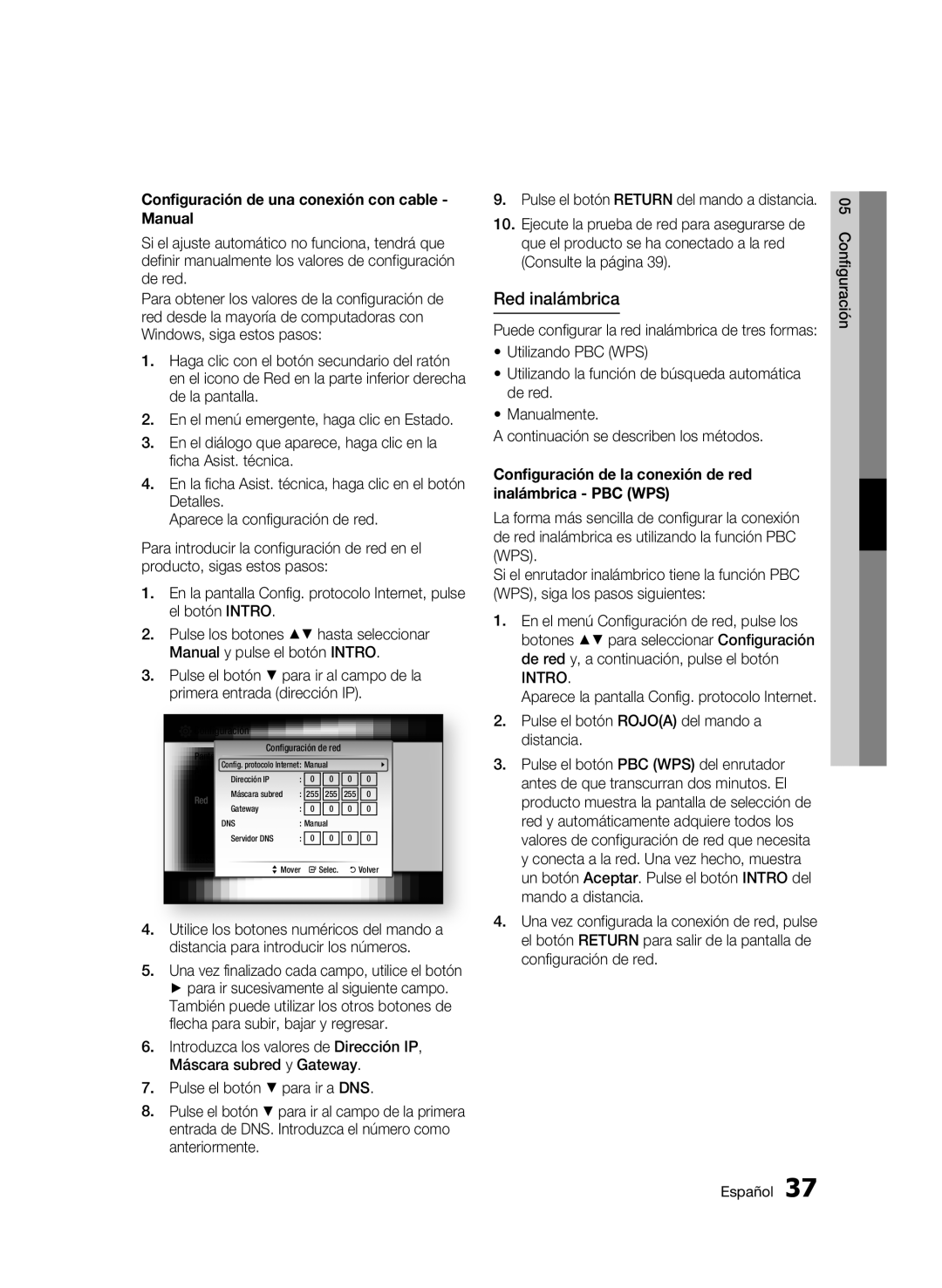 Samsung BD-C5300/XEF manual Red inalámbrica, Configuración de una conexión con cable Manual 