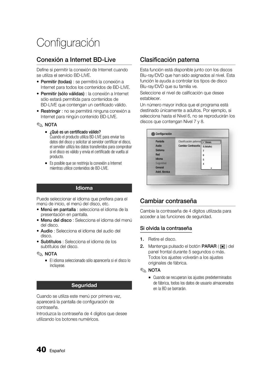 Samsung BD-C5300/XEF manual Conexión a Internet BD-Live, Clasificación paterna, Cambiar contraseña, Seguridad 