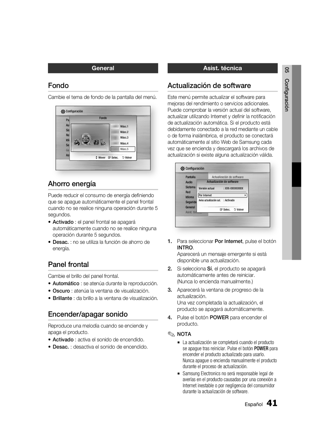 Samsung BD-C5300/XEF manual Fondo, Ahorro energía, Panel frontal, Encender/apagar sonido, Actualización de software 