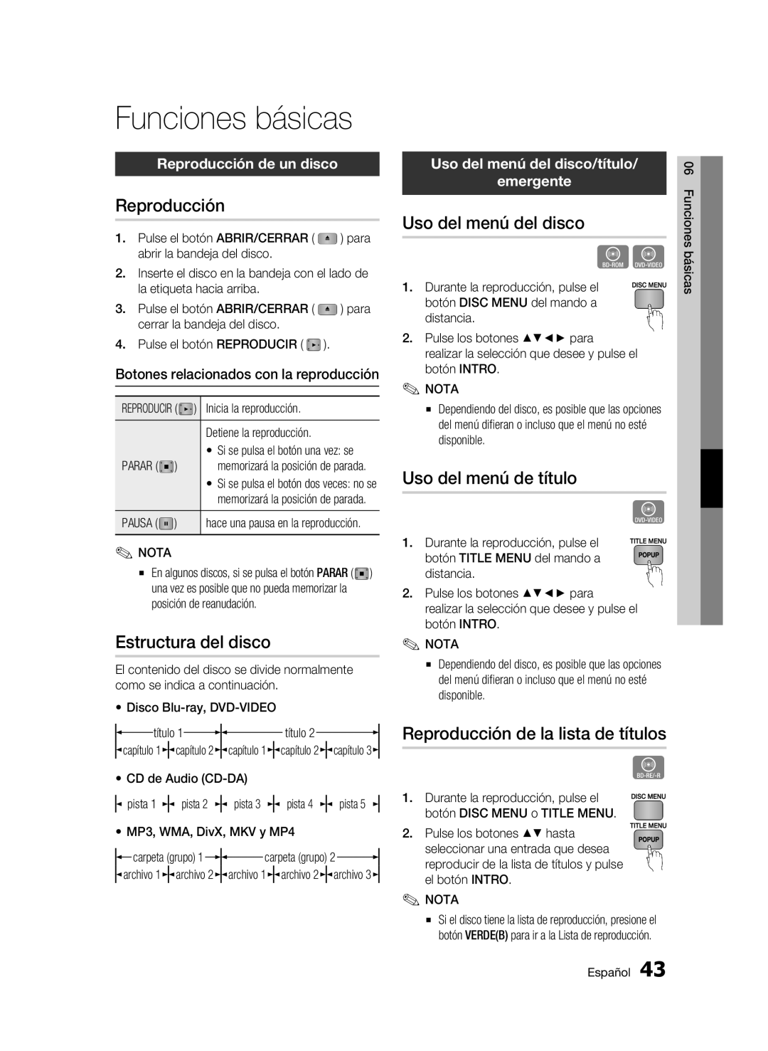 Samsung BD-C5300/XEF manual Funciones básicas 