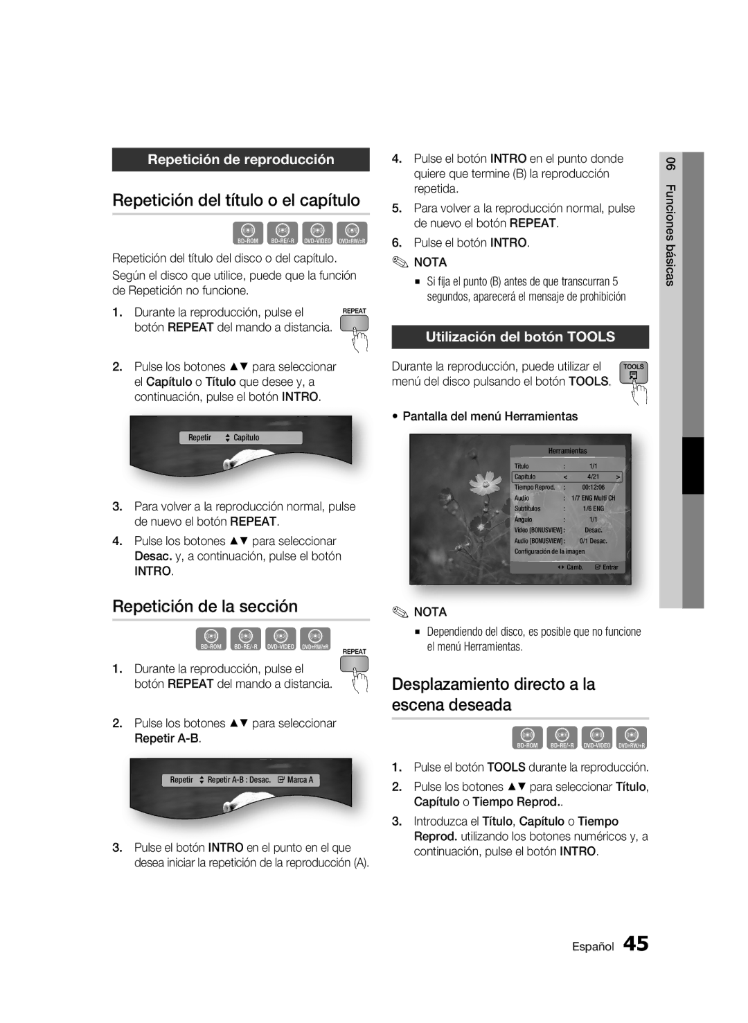 Samsung BD-C5300/XEF manual Repetición del título o el capítulo, Repetición de la sección, Repetición de reproducción 