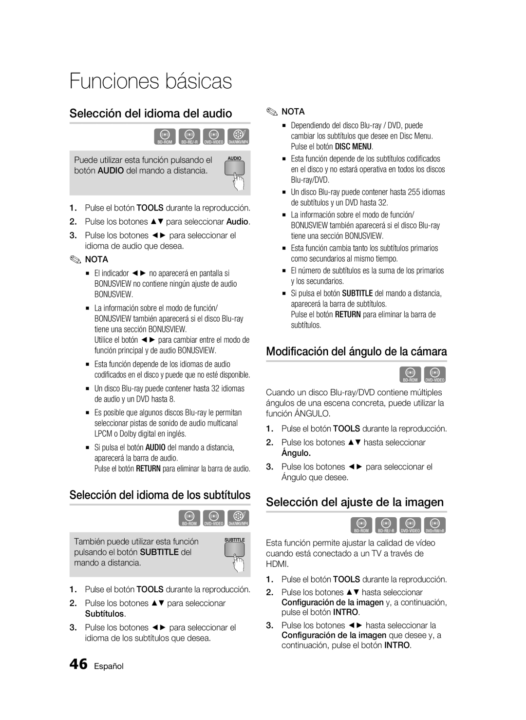 Samsung BD-C5300/XEF manual Selección del idioma del audio, Modificación del ángulo de la cámara, Bonusview 