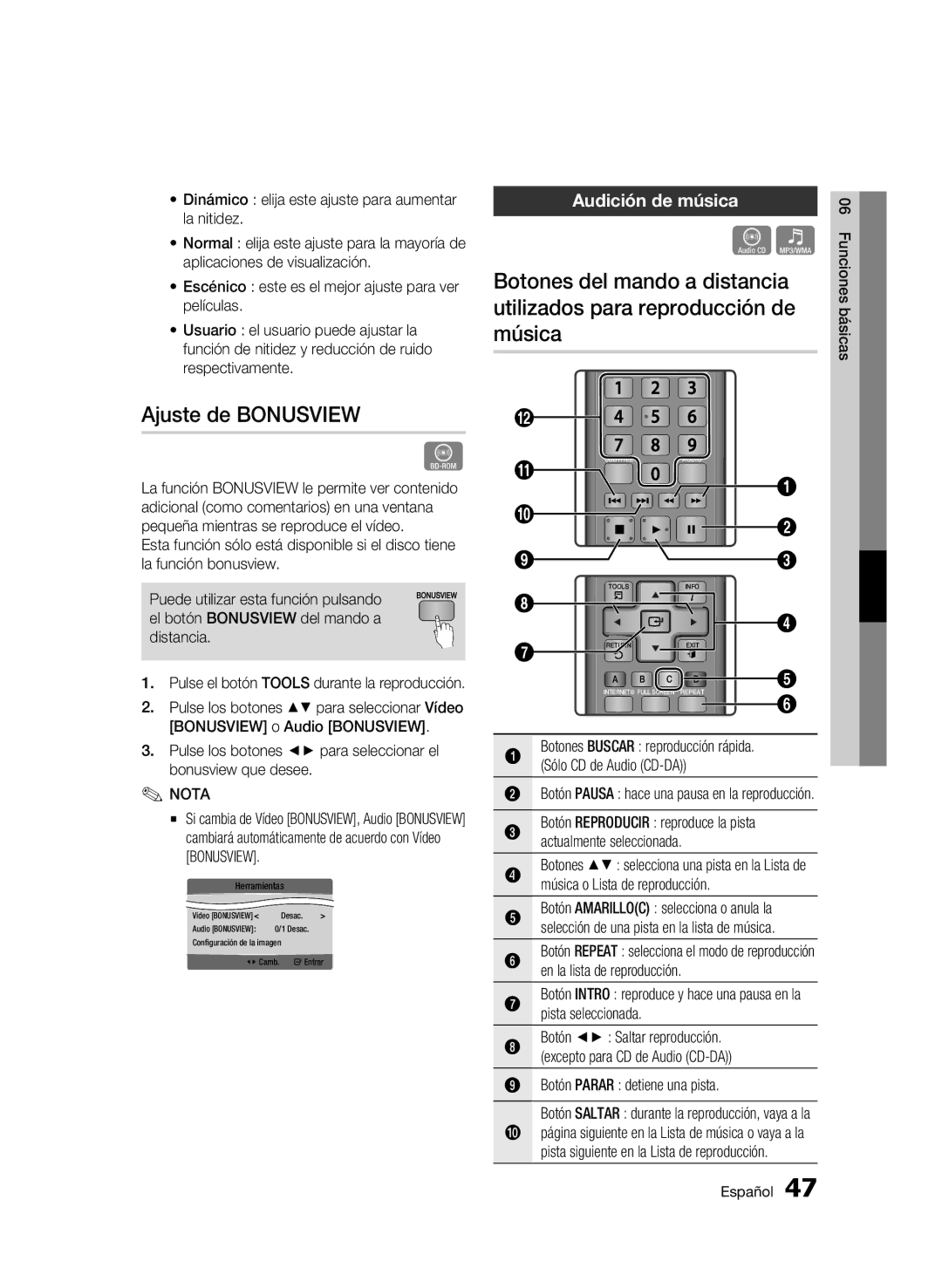 Samsung BD-C5300/XEF Ajuste de Bonusview, Audición de música, Botones Buscar reproducción rápida Sólo CD de Audio CD-DA 