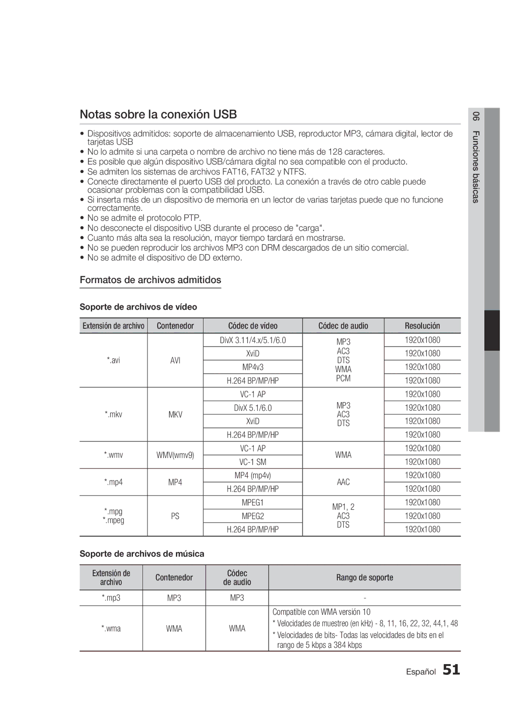 Samsung BD-C5300/XEF manual Notas sobre la conexión USB, Formatos de archivos admitidos, Compatible con WMA versión 