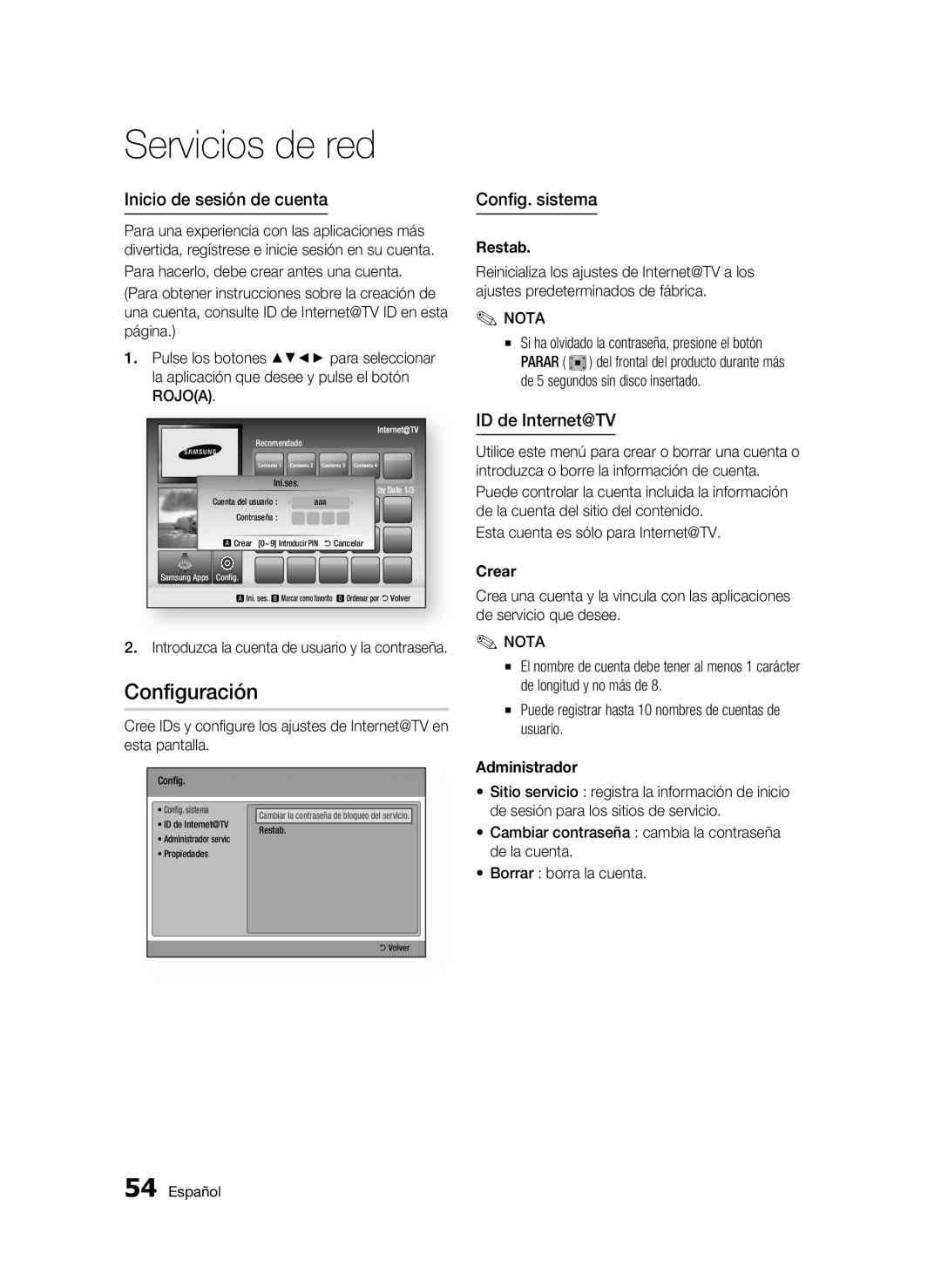 Samsung BD-C5300/XEF manual Configuración, Inicio de sesión de cuenta, ID de Internet@TV 