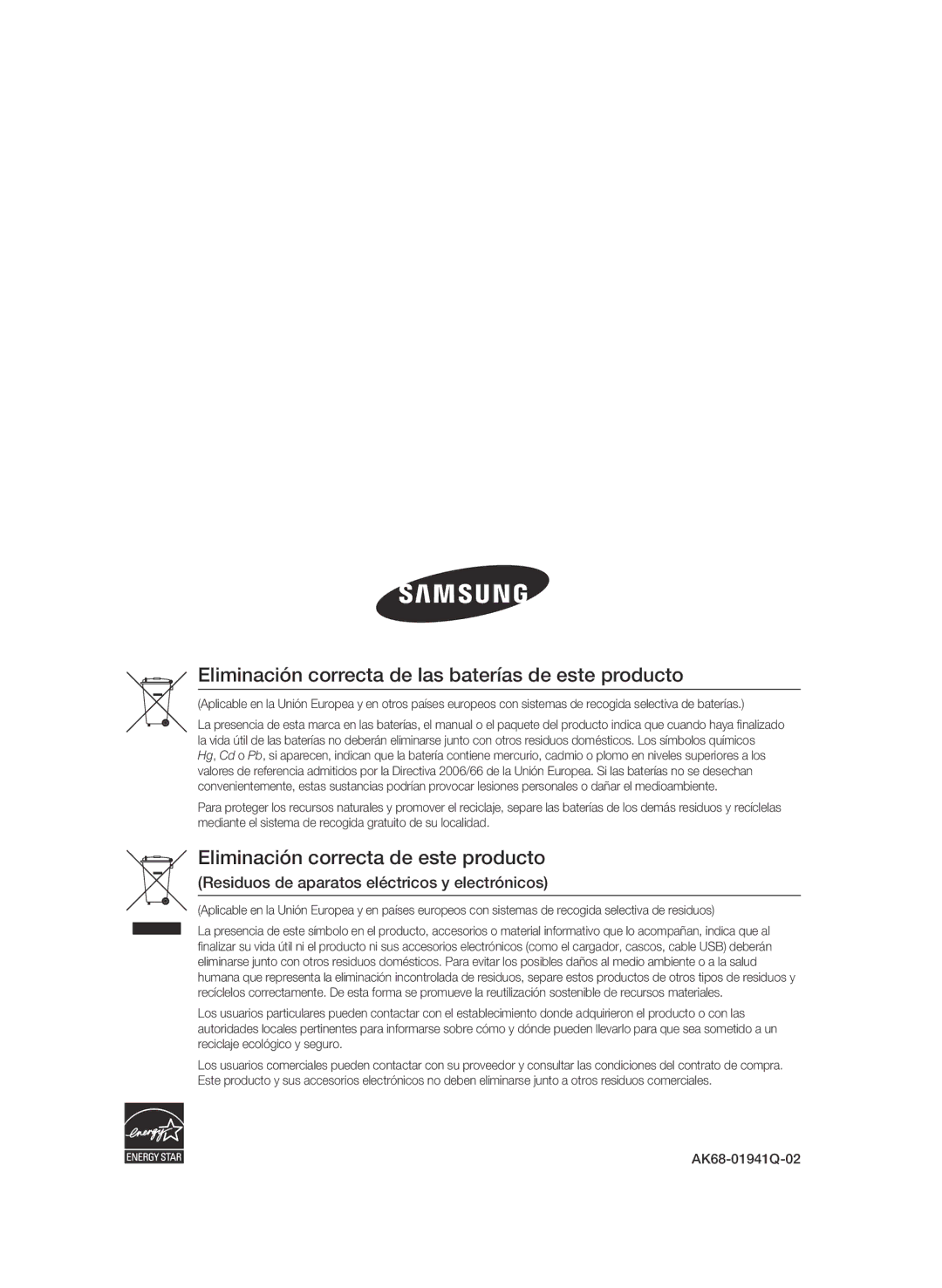 Samsung BD-C5300/XEF manual Eliminación correcta de las baterías de este producto, AK68-01941Q-02 