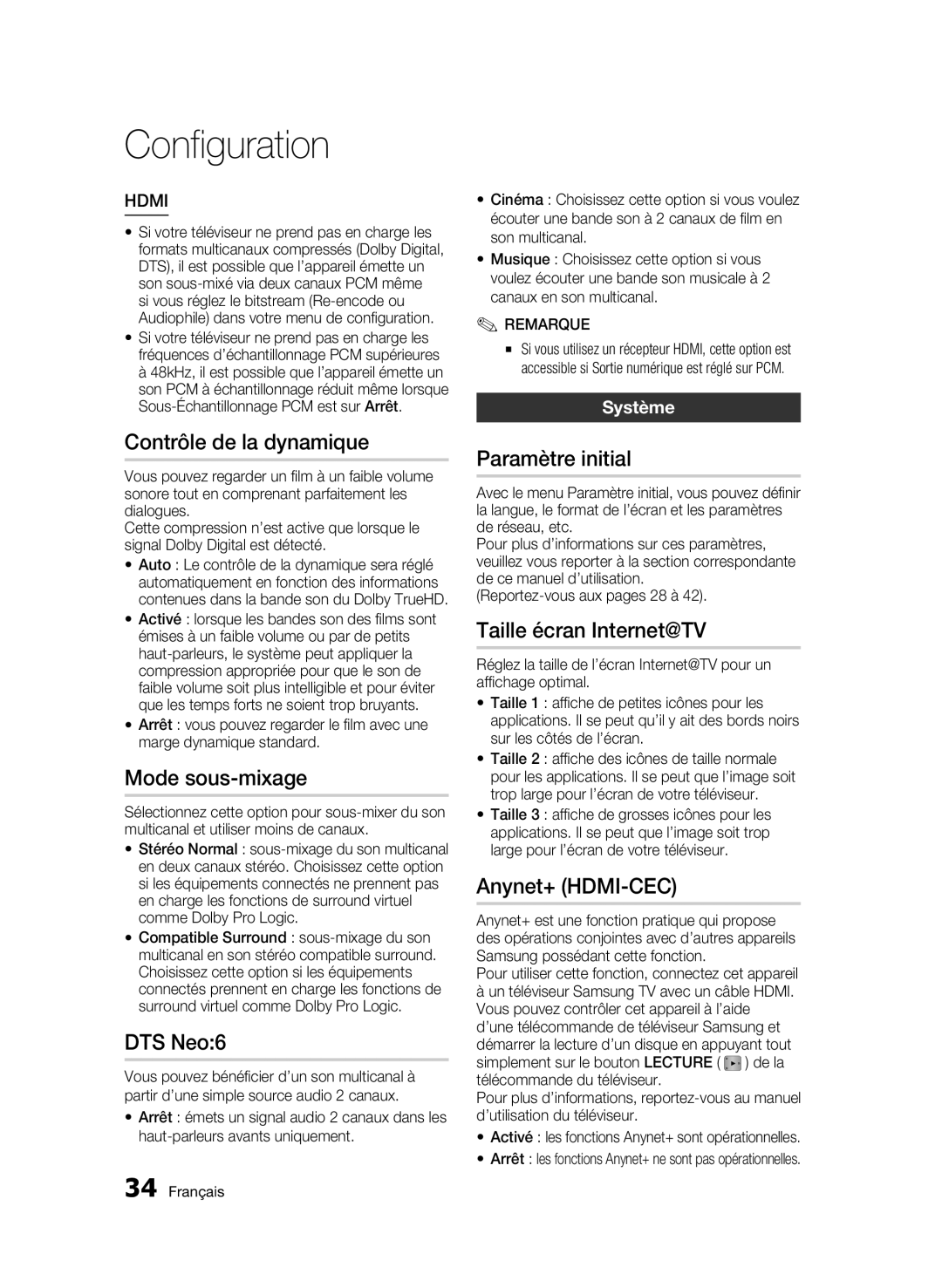 Samsung BD-C5300/XEF Contrôle de la dynamique, Mode sous-mixage, DTS Neo6, Paramètre initial, Taille écran Internet@TV 