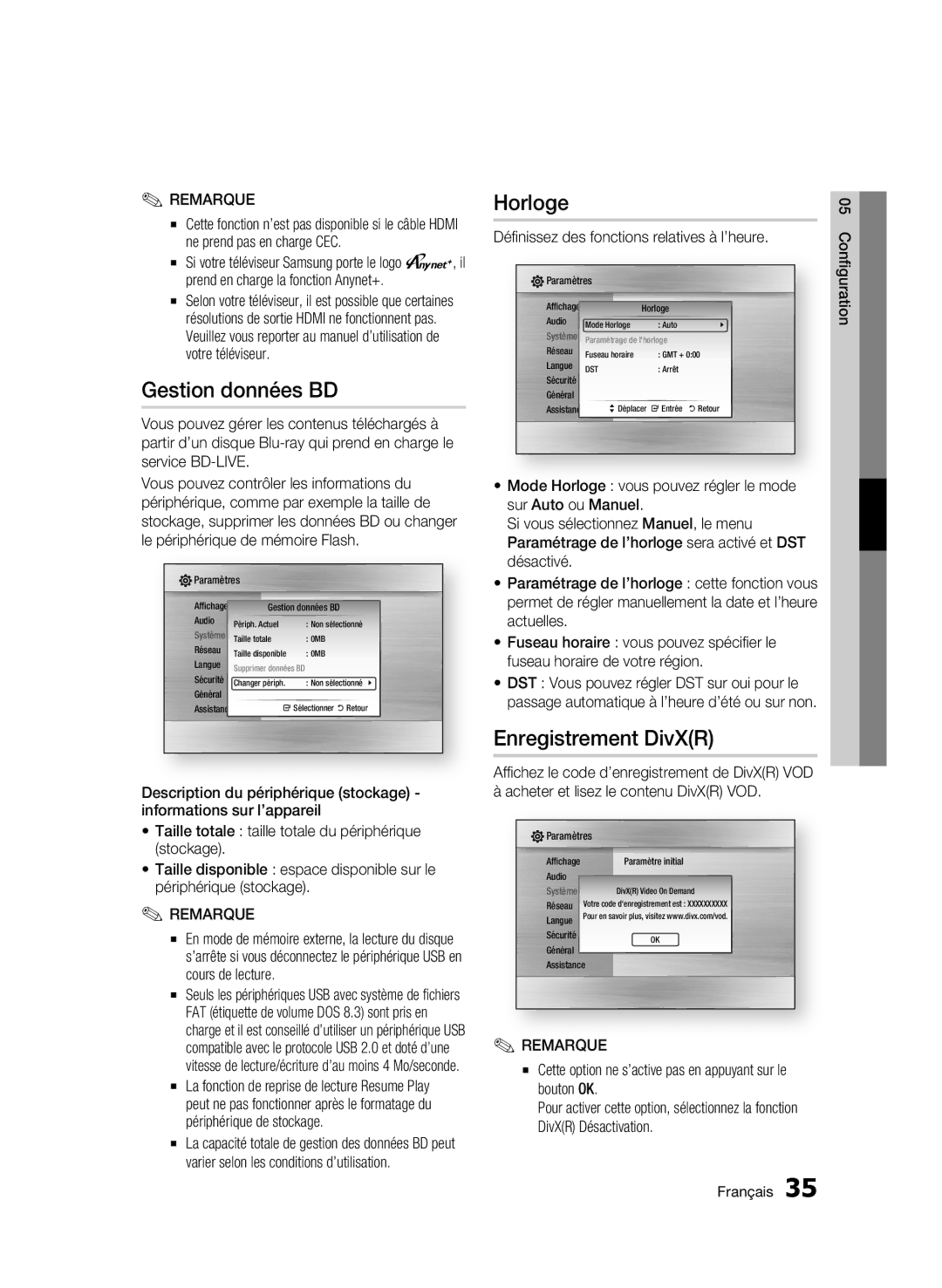 Samsung BD-C5300/XEF manual Gestion données BD, Horloge, Enregistrement DivXR, Définissez des fonctions relatives à l’heure 