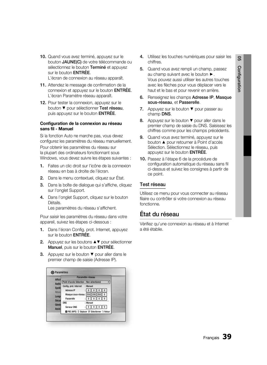 Samsung BD-C5300/XEF manual État du réseau, Test réseau, ’écran de connexion au réseau apparaît 