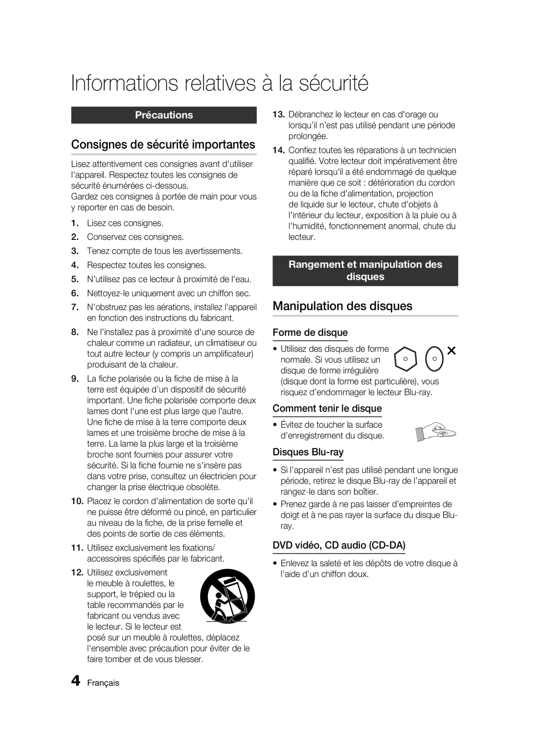 Samsung BD-C5300/XEF manual Consignes de sécurité importantes, Manipulation des disques, Précautions 