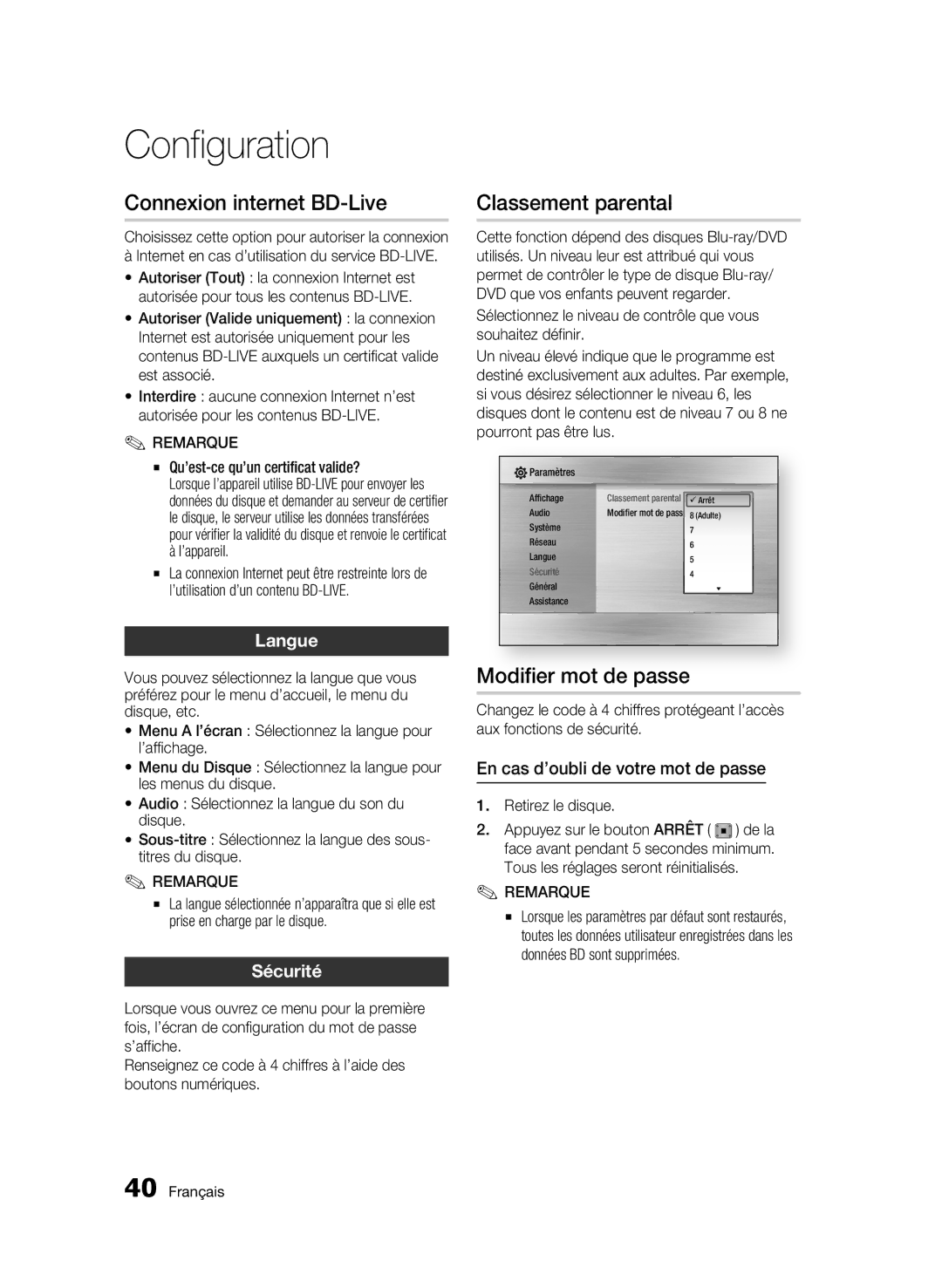 Samsung BD-C5300/XEF manual Connexion internet BD-Live, Classement parental, Modifier mot de passe, Langue, Sécurité 