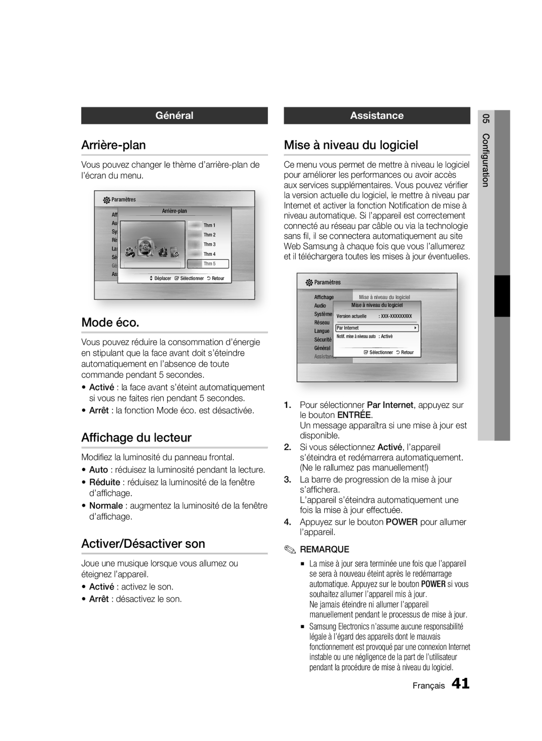 Samsung BD-C5300/XEF manual Arrière-plan, Mode éco, Affichage du lecteur, Activer/Désactiver son, Mise à niveau du logiciel 