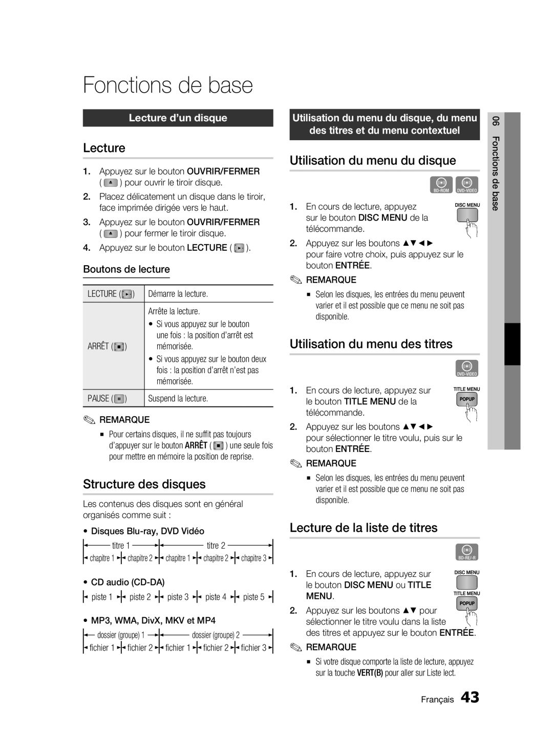 Samsung BD-C5300/XEF manual Fonctions de base 