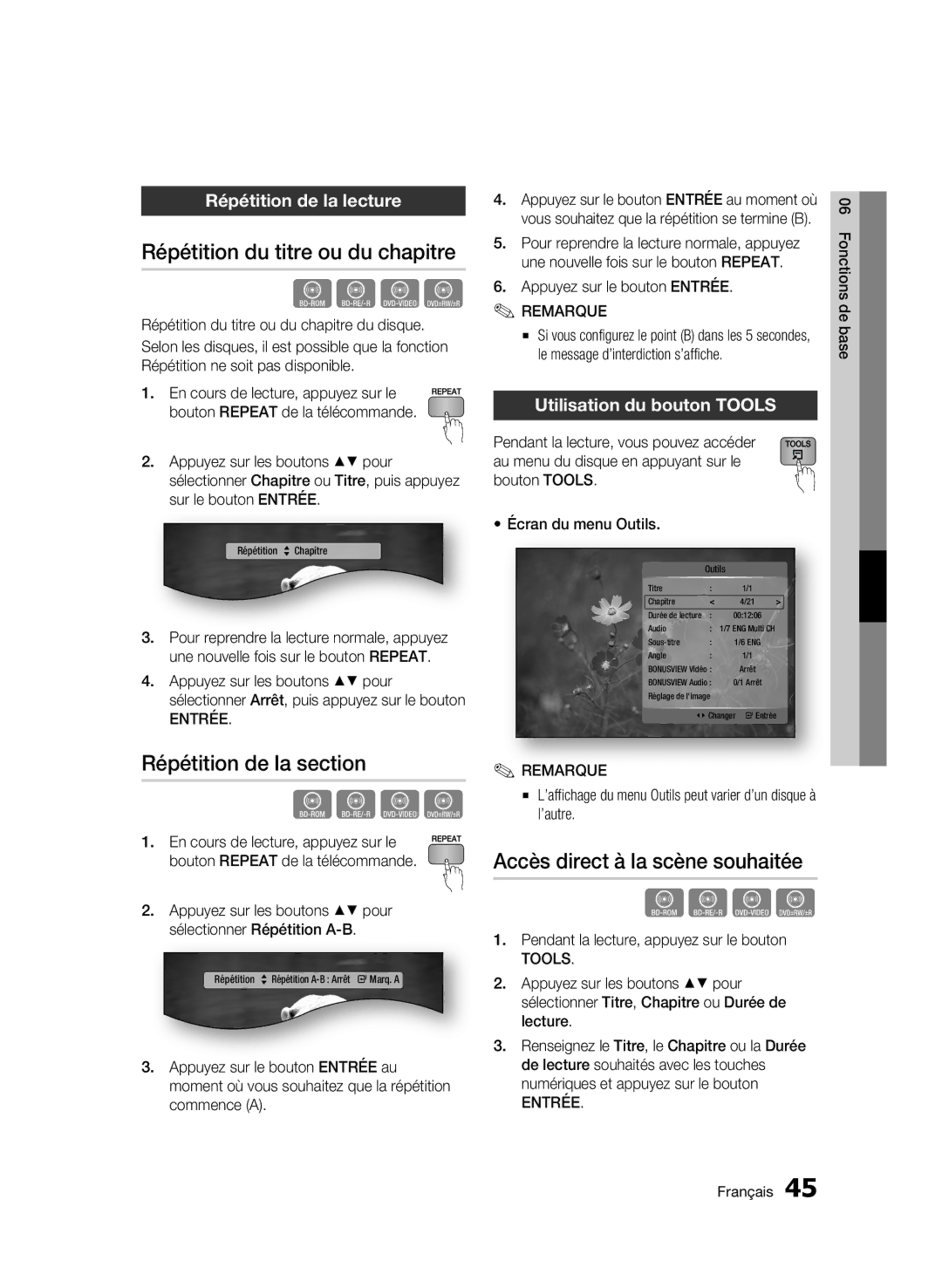 Samsung BD-C5300/XEF manual Répétition du titre ou du chapitre, Répétition de la section, Accès direct à la scène souhaitée 