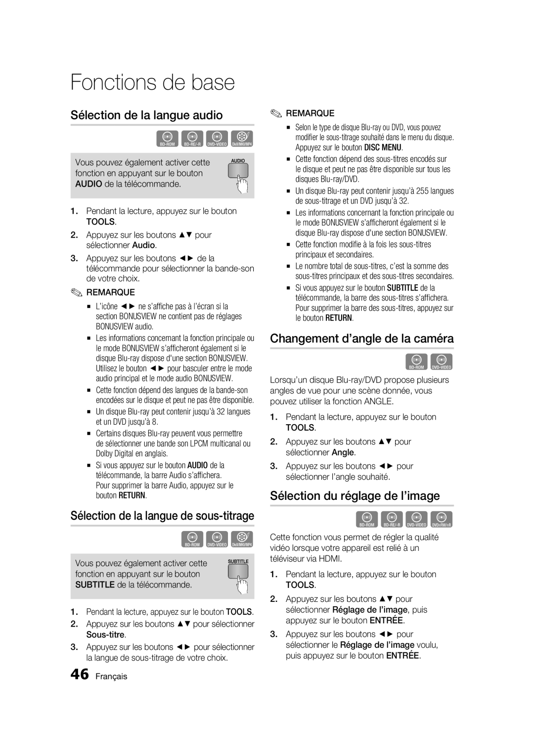 Samsung BD-C5300/XEF manual Sélection de la langue audio, Changement d’angle de la caméra, Sélection du réglage de l’image 