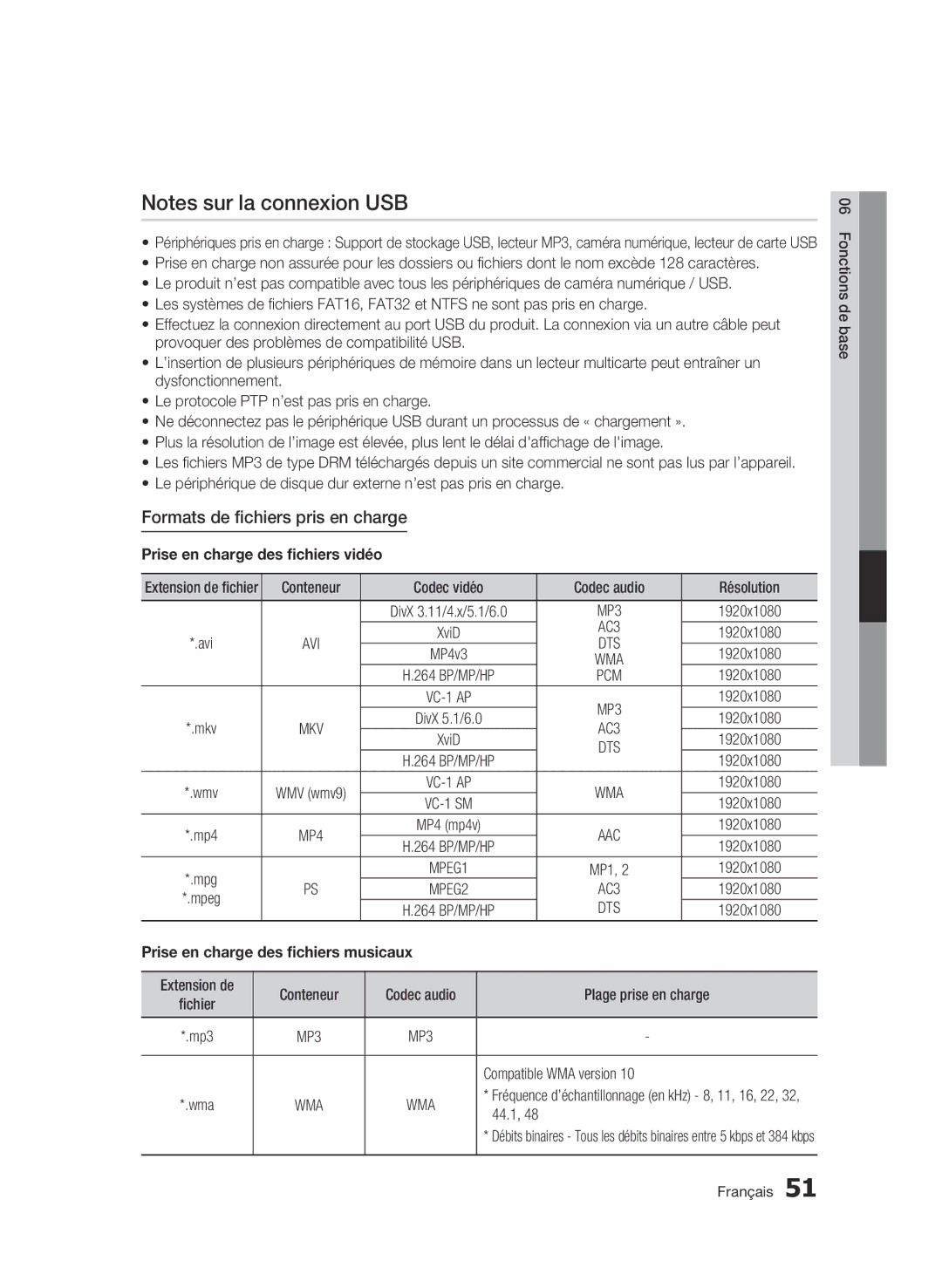 Samsung BD-C5300/XEF manual Formats de fichiers pris en charge, 1920x1080, Prise en charge des fichiers musicaux, 44.1 