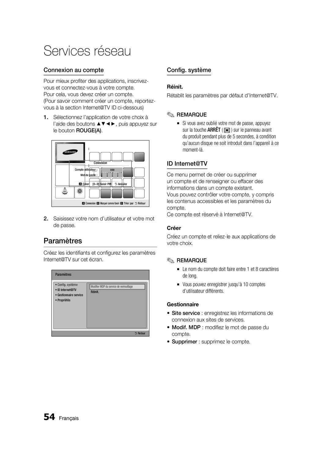 Samsung BD-C5300/XEF manual Paramètres, Connexion au compte, Config. système, ID Internet@TV 