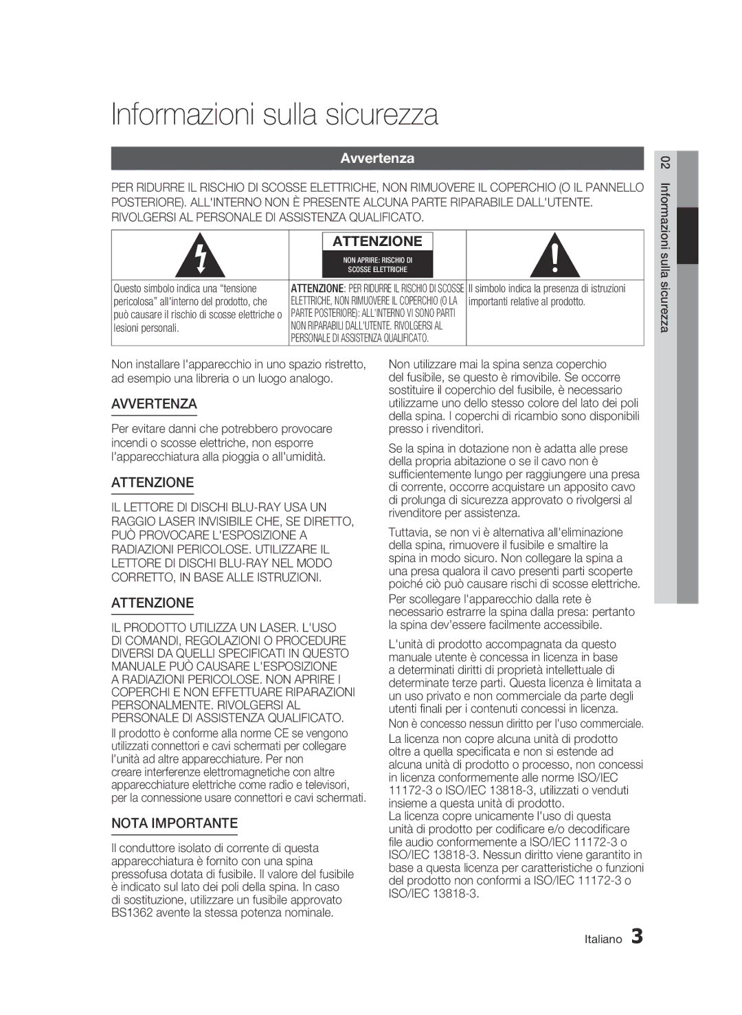 Samsung BD-C5300/XEF manual Informazioni sulla sicurezza, Avvertenza 