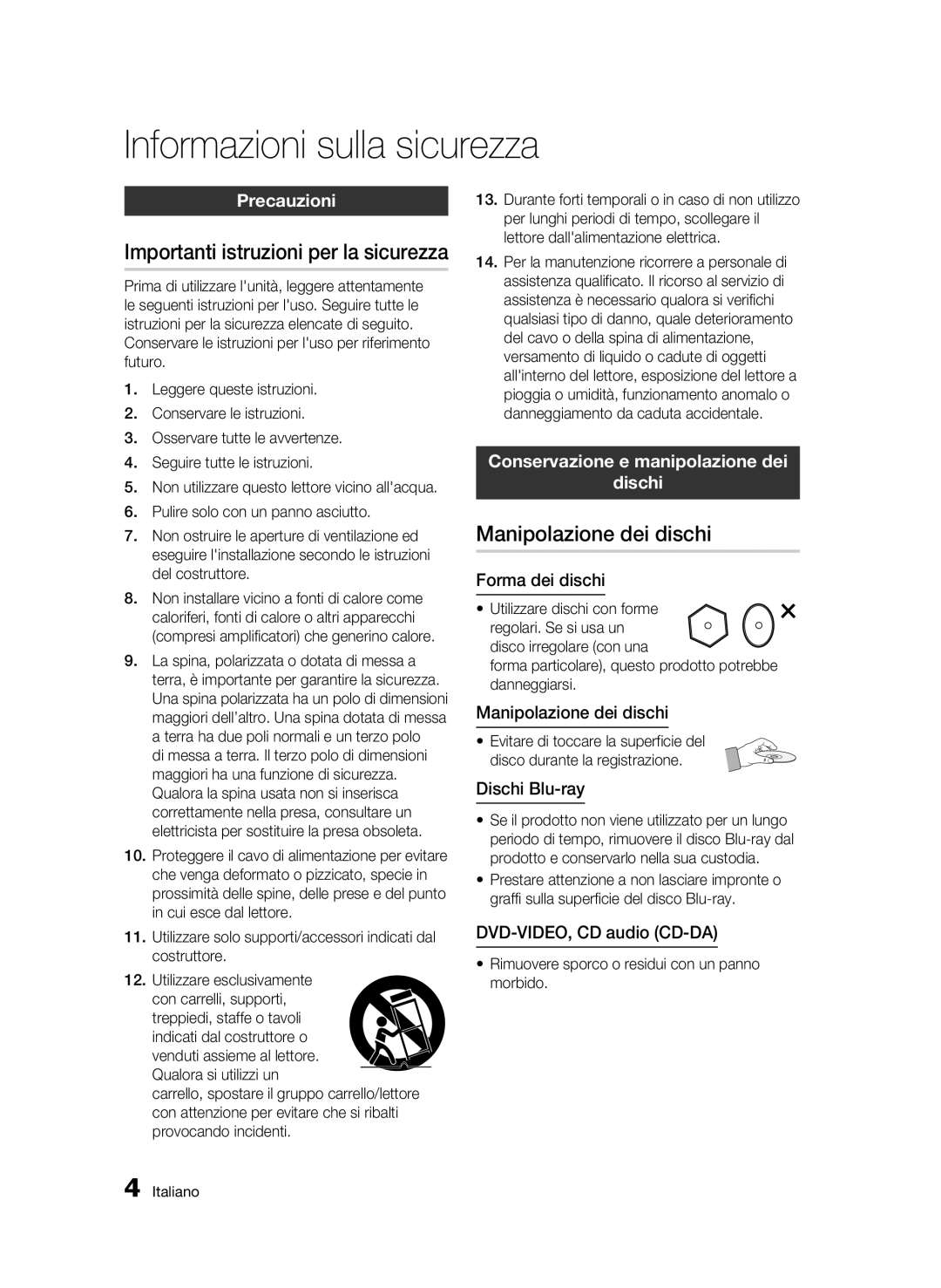 Samsung BD-C5300/XEF manual Importanti istruzioni per la sicurezza, Manipolazione dei dischi, Precauzioni 