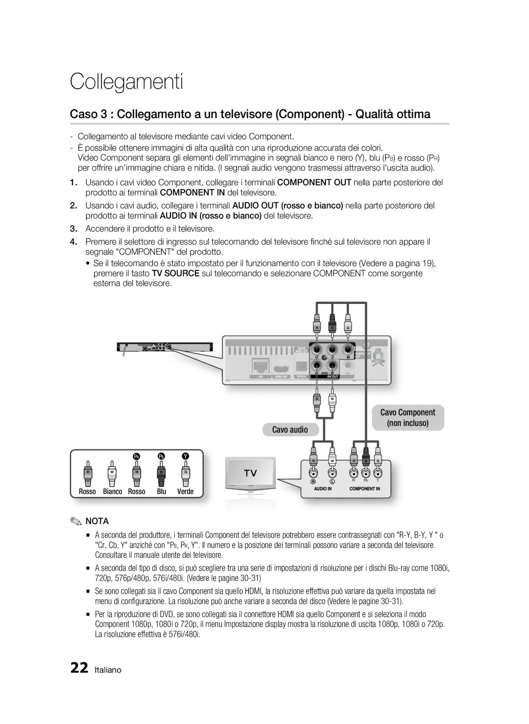 Samsung BD-C5300/XEF manual Caso 3 Collegamento a un televisore Component Qualità ottima, Rosso Bianco Rosso Bl u Verde 