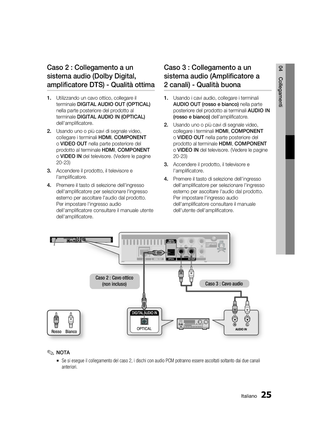 Samsung BD-C5300/XEF manual Caso 2 Cavo ottico Non incluso, Caso 3 Cavo audio 