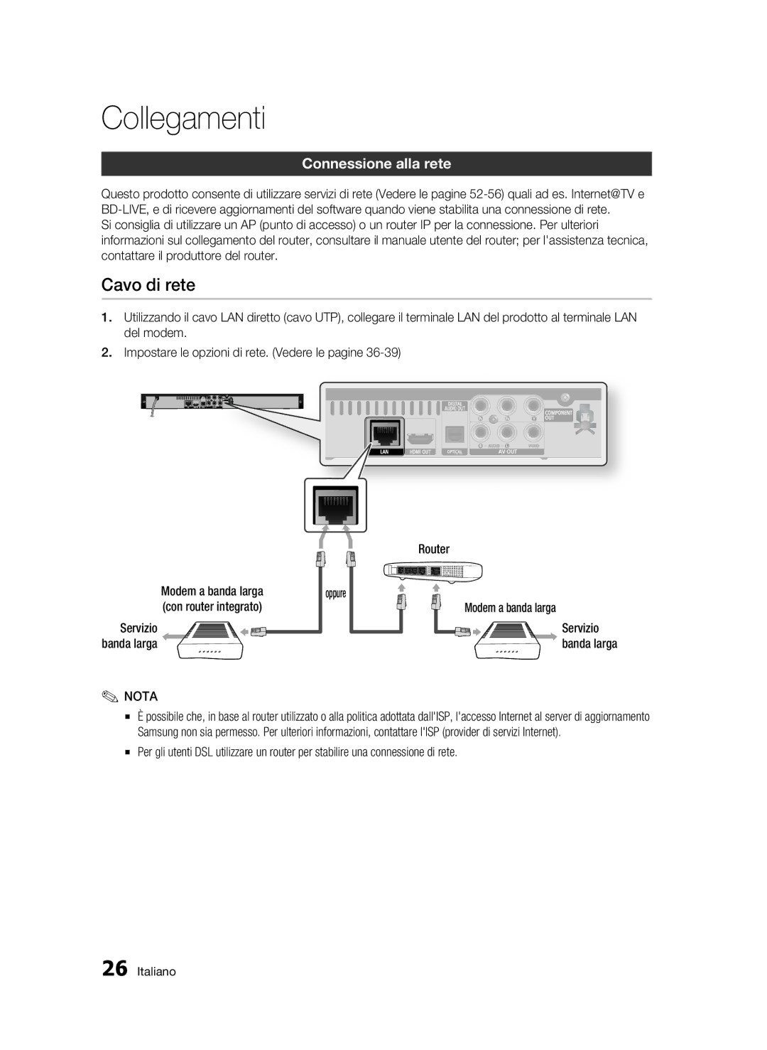 Samsung BD-C5300/XEF manual Cavo di rete, Connessione alla rete 