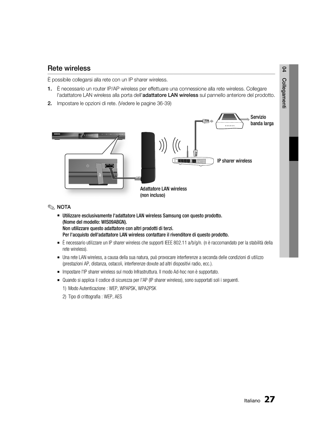 Samsung BD-C5300/XEF manual Rete wireless, Possibile collegarsi alla rete con un IP sharer wireless 