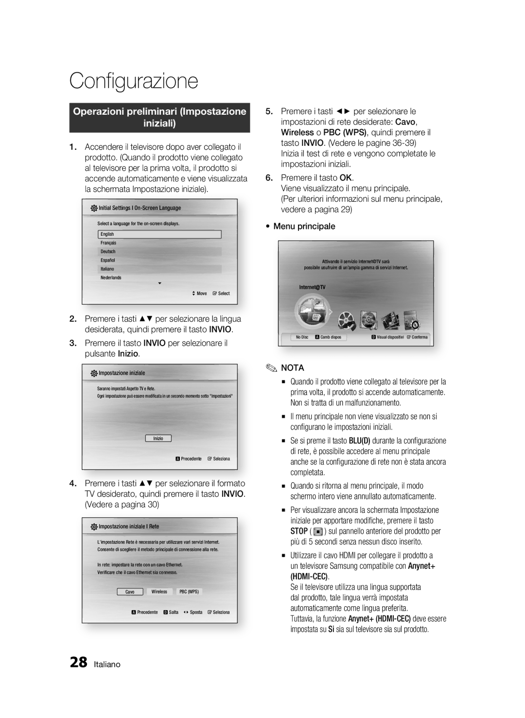 Samsung BD-C5300/XEF manual Configurazione, Operazioni preliminari Impostazione Iniziali 