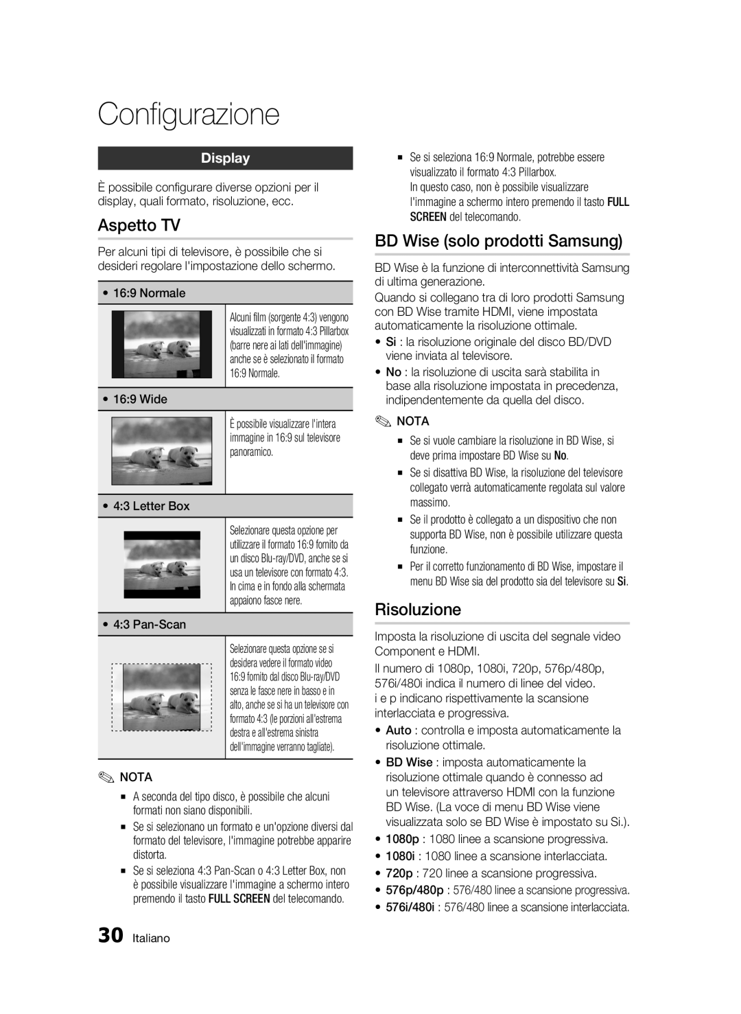 Samsung BD-C5300/XEF manual Aspetto TV, BD Wise solo prodotti Samsung, Risoluzione, Display 