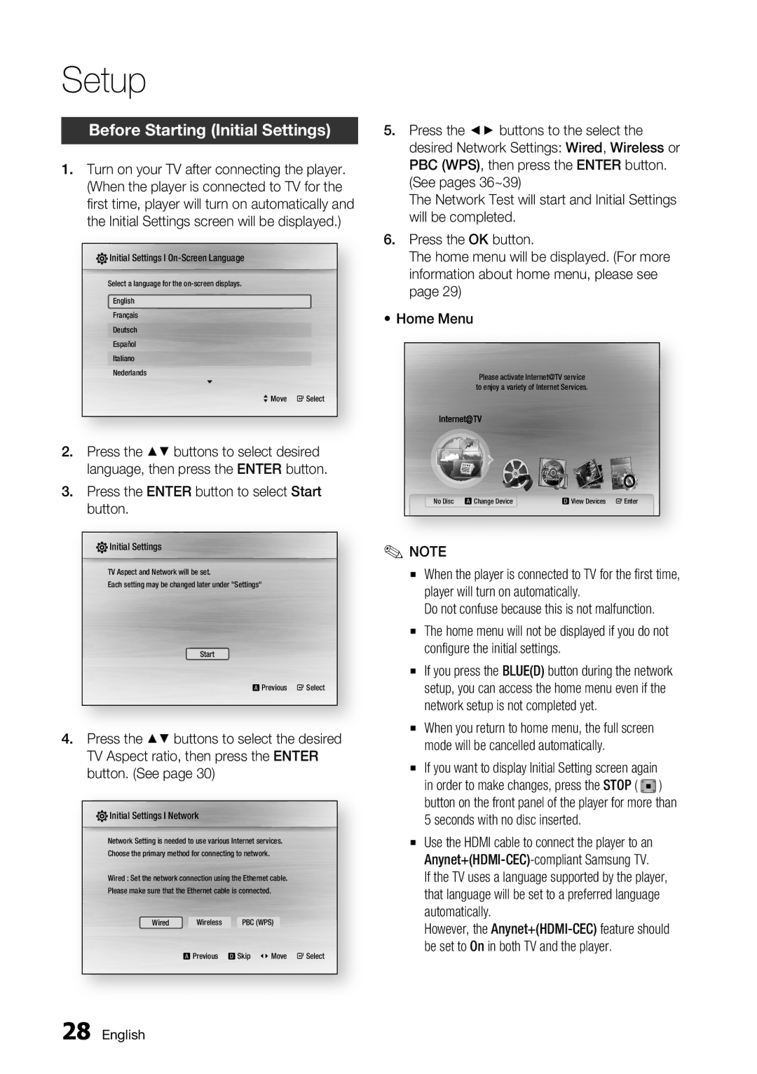 Samsung BD-C5500/XEE, BD-C5500/EDC Setup, Before Starting Initial Settings, Press the Enter button to select Start button 