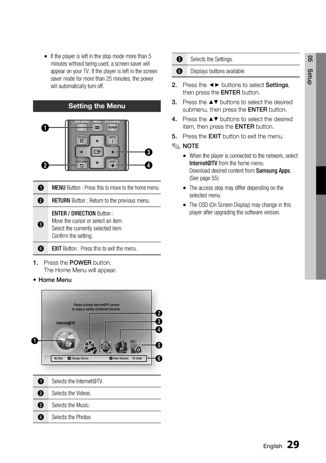 Samsung BD-C5500/AFR manual Setting the Menu, Move the cursor or select an item, Exit Button Press this to exit the menu 