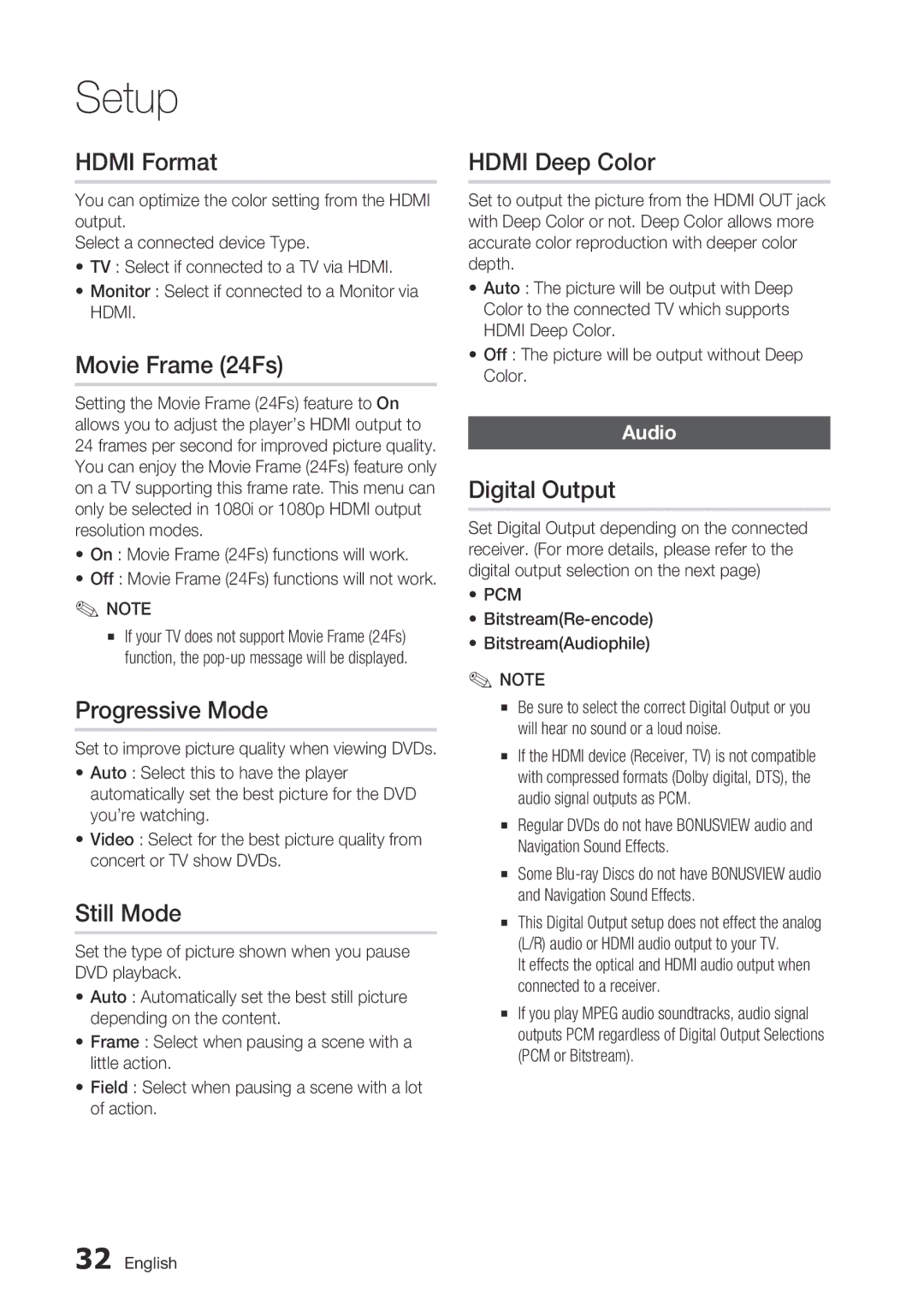 Samsung BD-C5500/XEF manual Hdmi Format, Movie Frame 24Fs, Progressive Mode, Still Mode, Hdmi Deep Color, Digital Output 