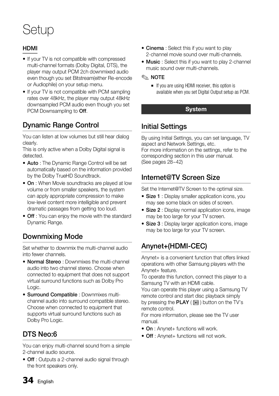 Samsung BD-C5500/AFR manual Dynamic Range Control, Downmixing Mode, DTS Neo6, Initial Settings, Internet@TV Screen Size 