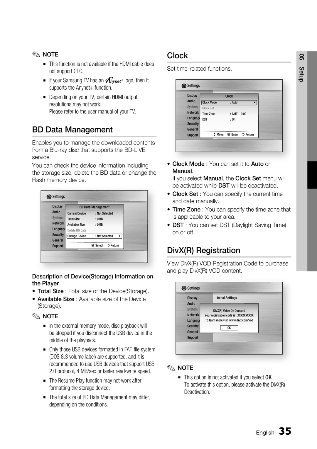 Samsung BD-C5500/EDC, BD-C5500/XAA, BD-C5500/XEF BD Data Management, Clock, DivXR Registration, Set time-related functions 