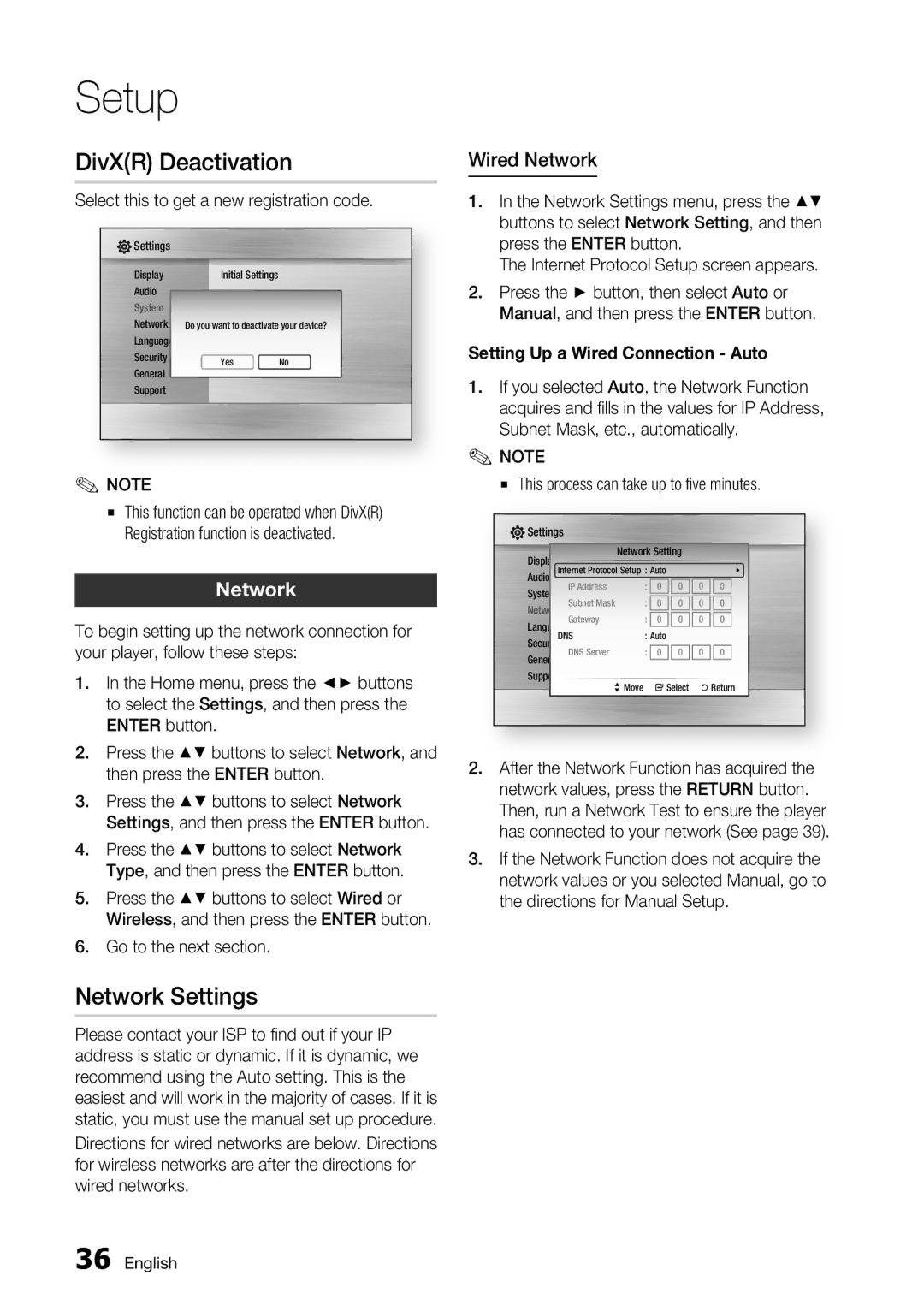 Samsung BD-C5500/XAA, BD-C5500/EDC, BD-C5500/XEF, BD-C5500/XEE manual DivXR Deactivation, Network Settings, Wired Network 