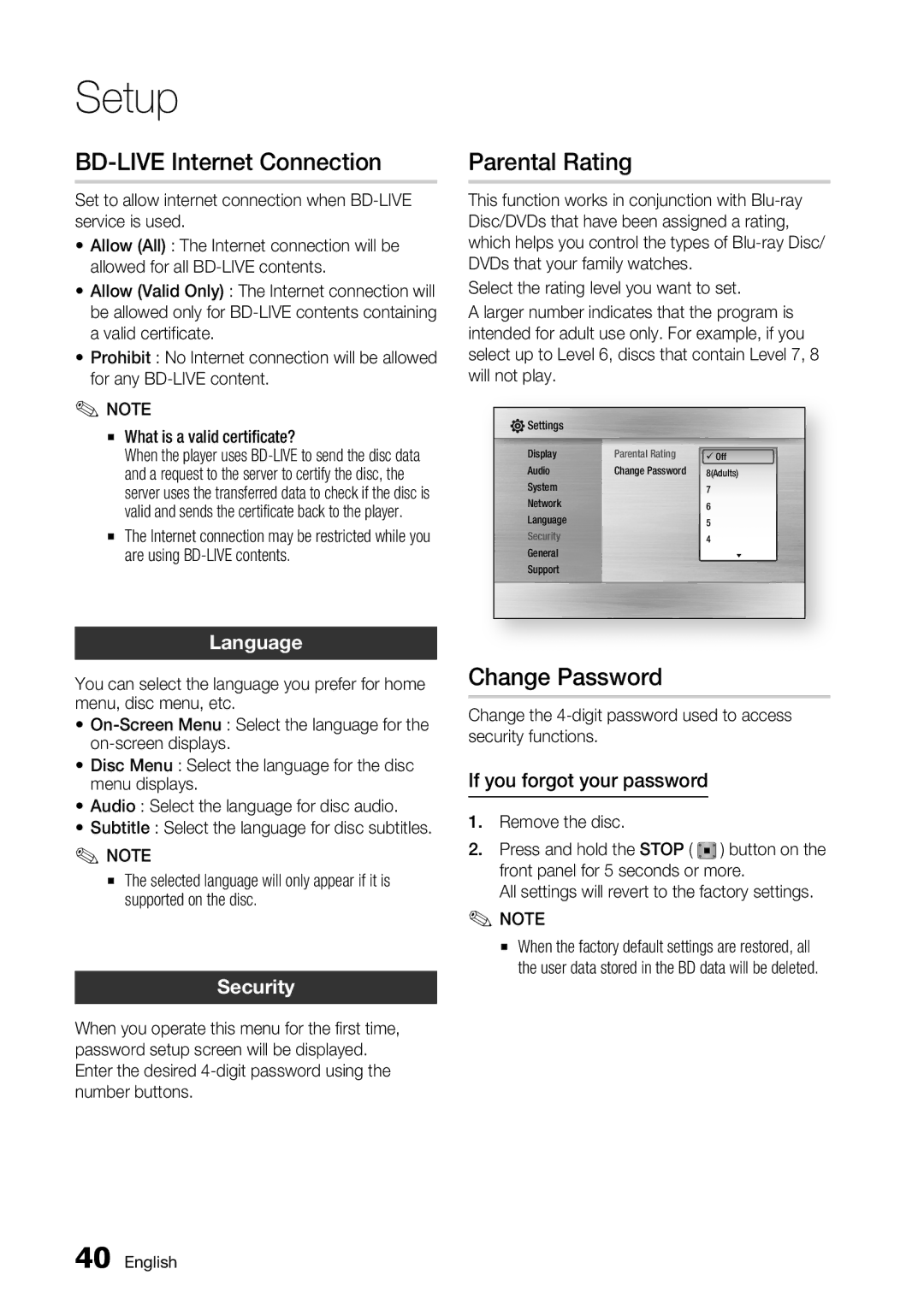 Samsung BD-C5500/EDC, BD-C5500/XAA manual BD-LIVE Internet Connection, Parental Rating, Change Password, Language, Security 