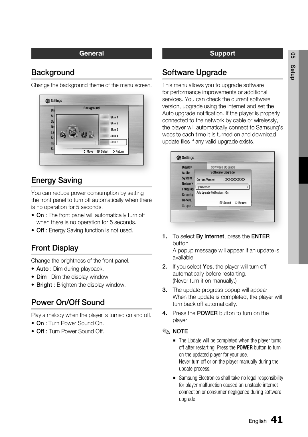 Samsung BD-C5500/XAA, BD-C5500/EDC manual Background, Energy Saving, Front Display, Power On/Off Sound, Software Upgrade 