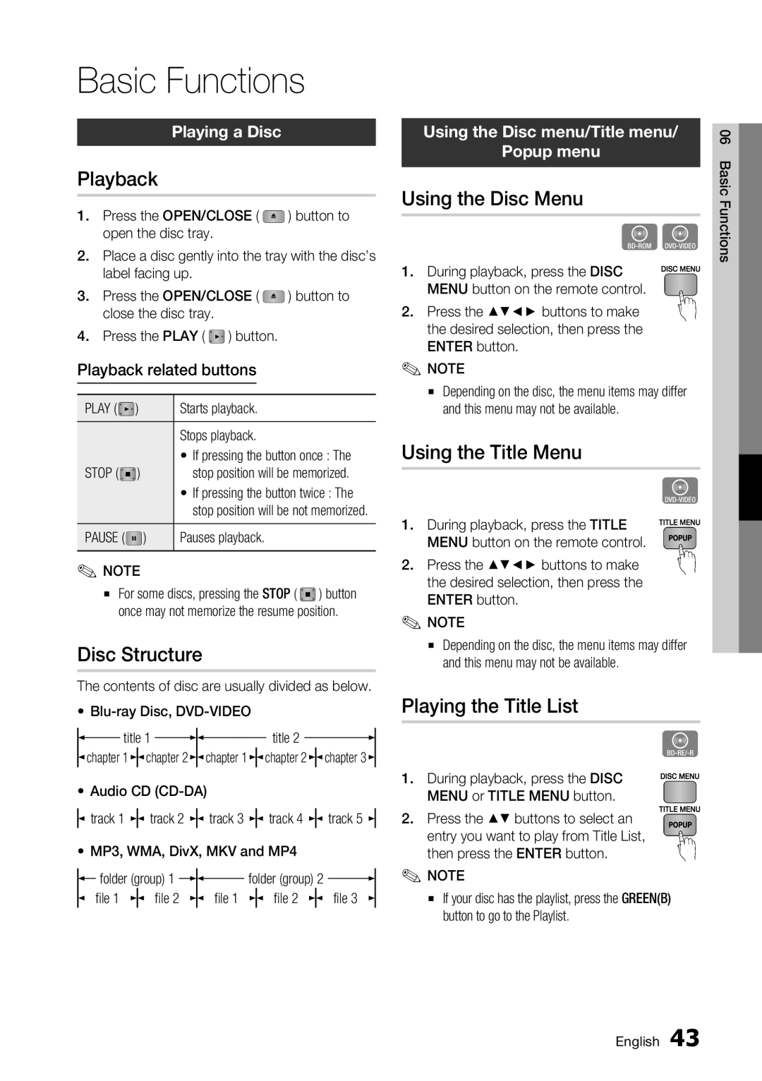 Samsung BD-C5500/XEE, BD-C5500/EDC, BD-C5500/XAA, BD-C5500/XEF, BD-C5500/AFR manual Basic Functions 