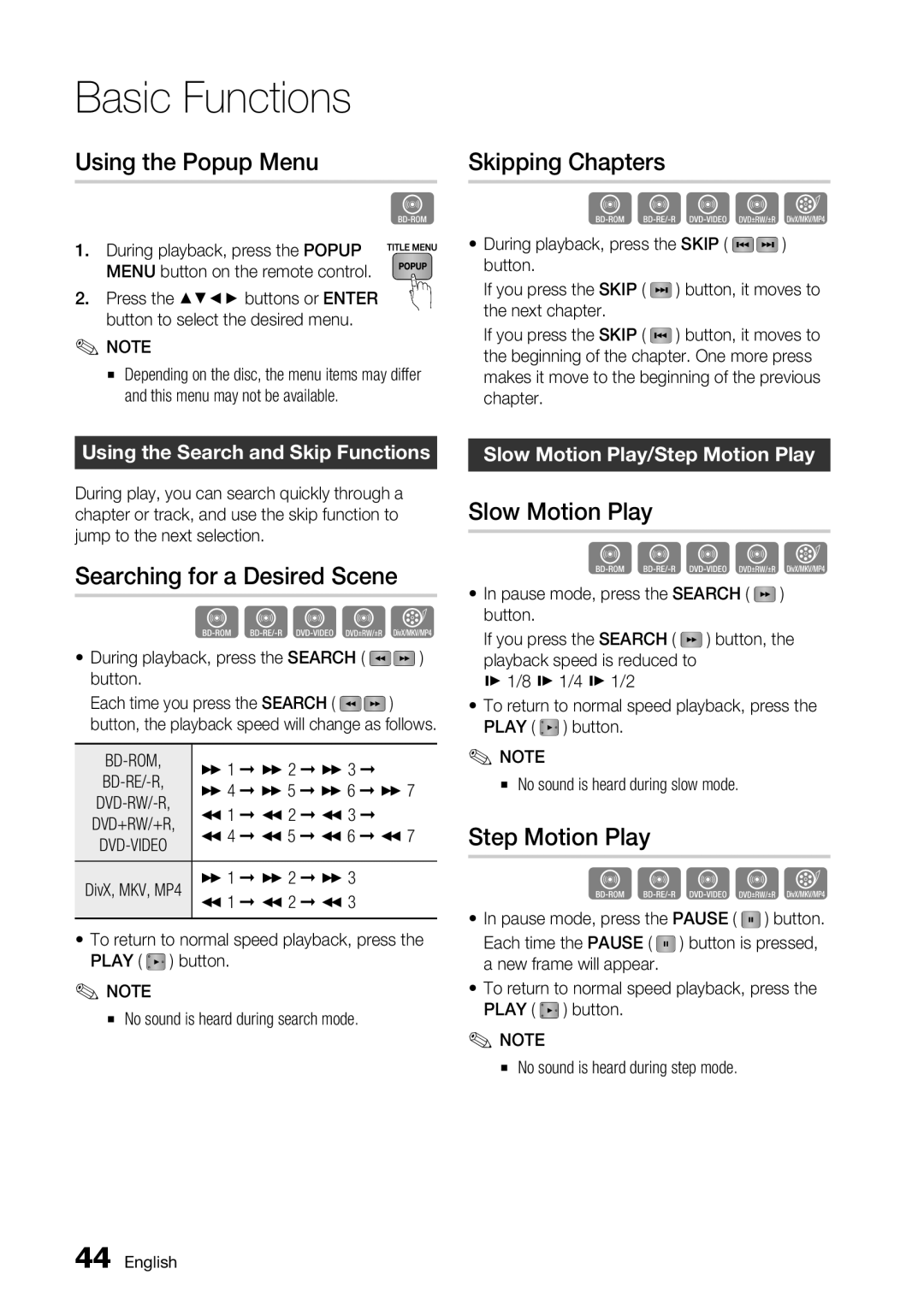 Samsung BD-C5500/AFR manual Using the Popup Menu, Skipping Chapters, Searching for a Desired Scene, Slow Motion Play 