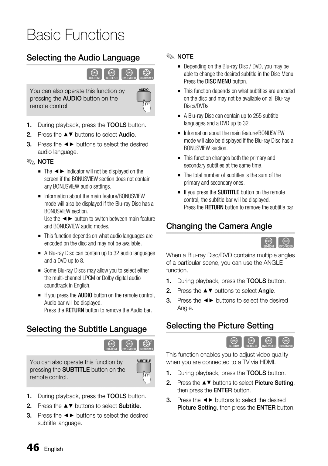 Samsung BD-C5500/XAA manual Selecting the Audio Language, Selecting the Subtitle Language, Changing the Camera Angle 