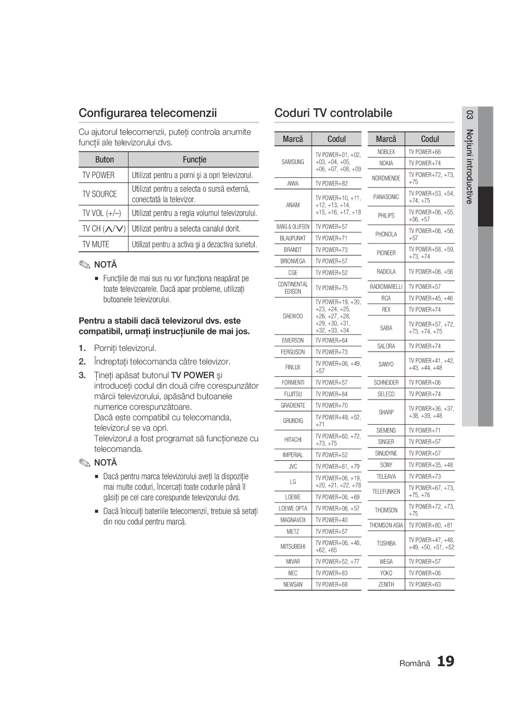 Samsung BD-C5500/EDC manual Configurarea telecomenzii, Coduri TV controlabile, TV Power, TV Mute 