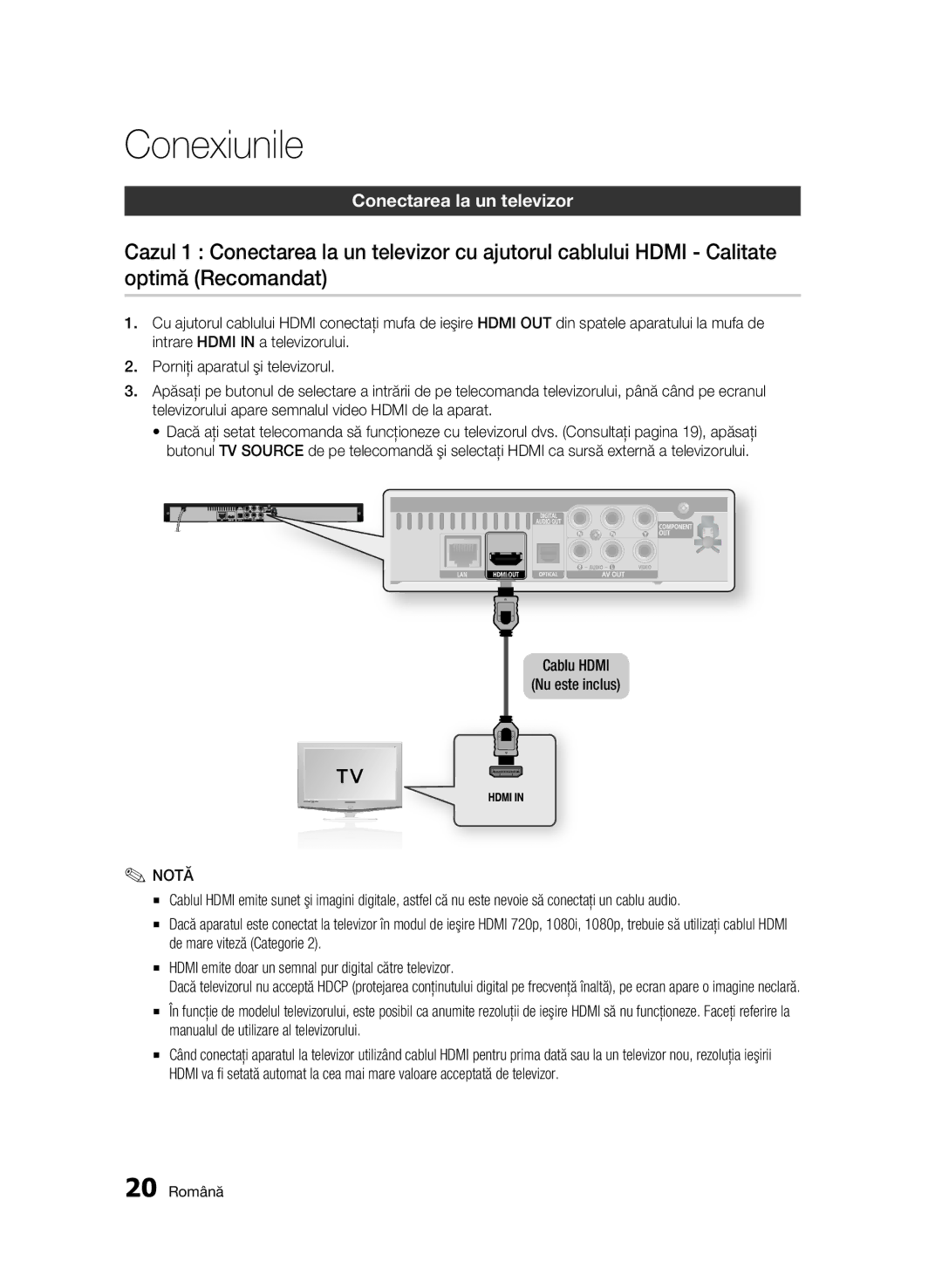 Samsung BD-C5500/EDC manual Conexiunile, Conectarea la un televizor, Cablu Hdmi Nu este inclus, 20 Română 