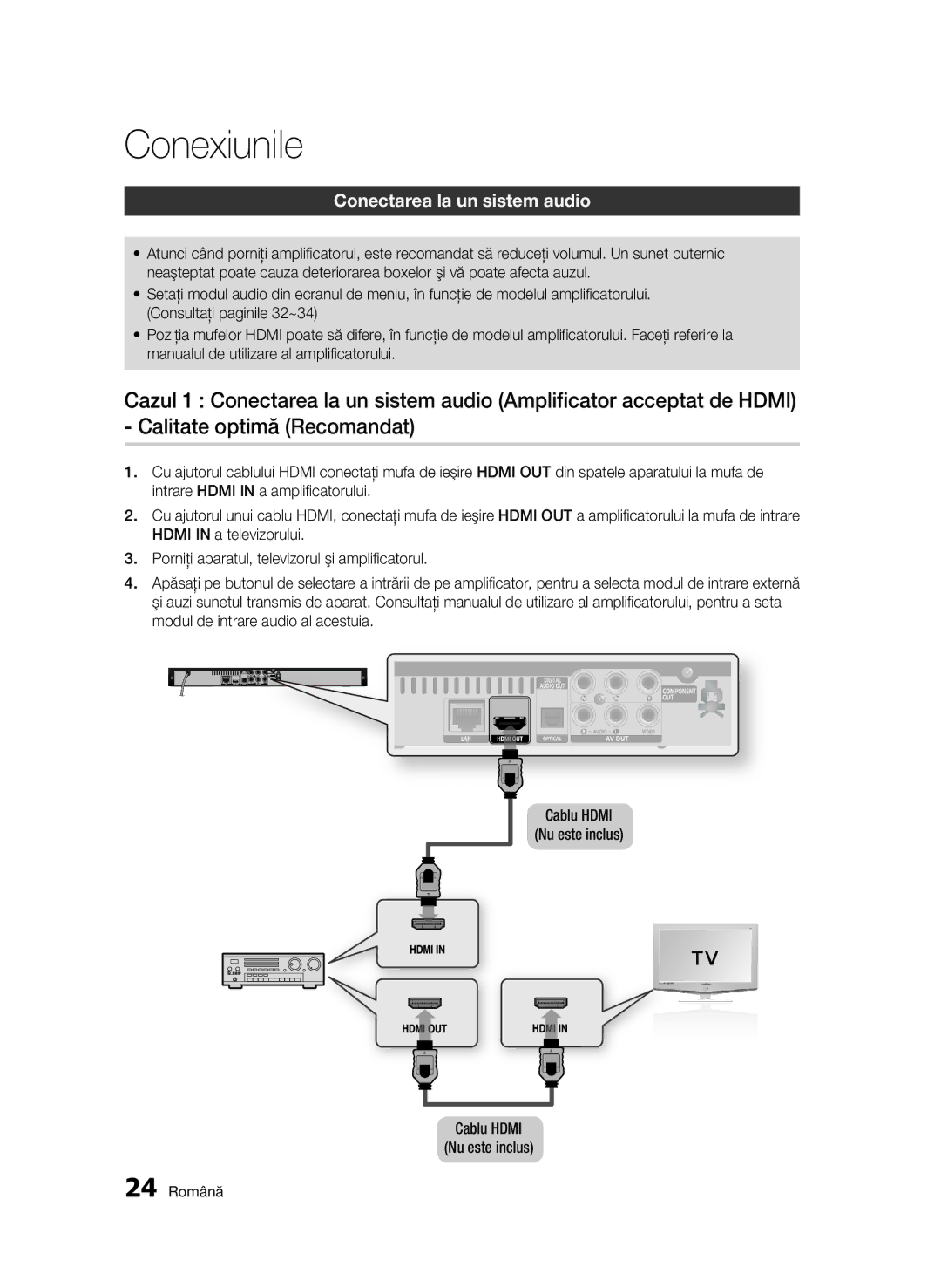 Samsung BD-C5500/EDC manual Conectarea la un sistem audio, 24 Română, Cablu Hdmi Nu este inclus 